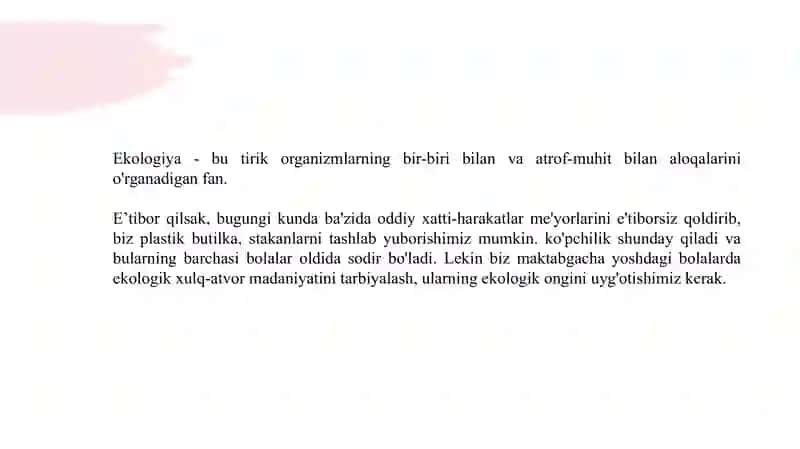 Ilk qadam davlat o’quv dasturi asosida faoliyat markazlarida maktabgacha yoshdagi bolalarni ekologik tarbiyasini tashkil qilish. 3
