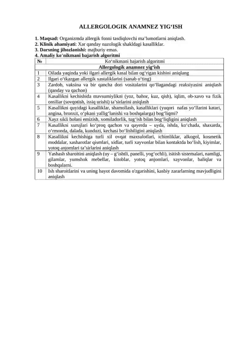 Allergologiya va klinik immunologiya fani bo'yicha "Amaliy ko'nikmalarni bajarish algoritmi" 3