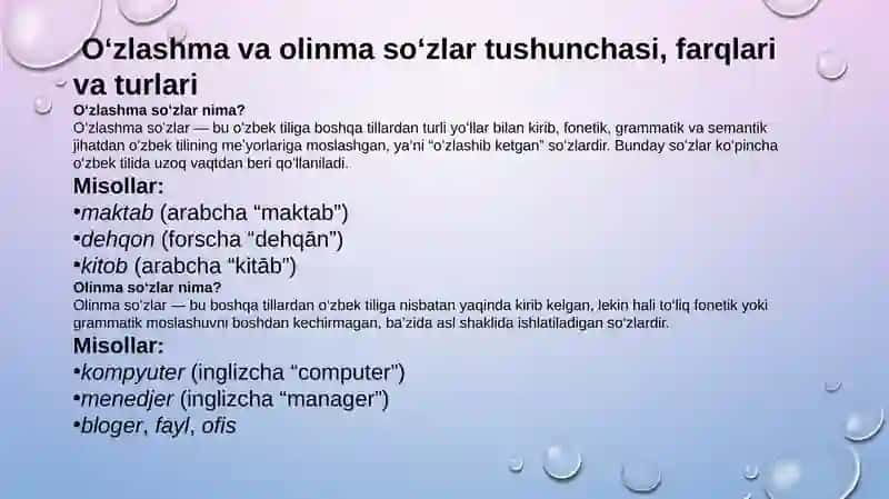 O’ZLASHMA VA OLINMA SO’ZLARNING O’ZBEK TILIDAGI O’RNI 3