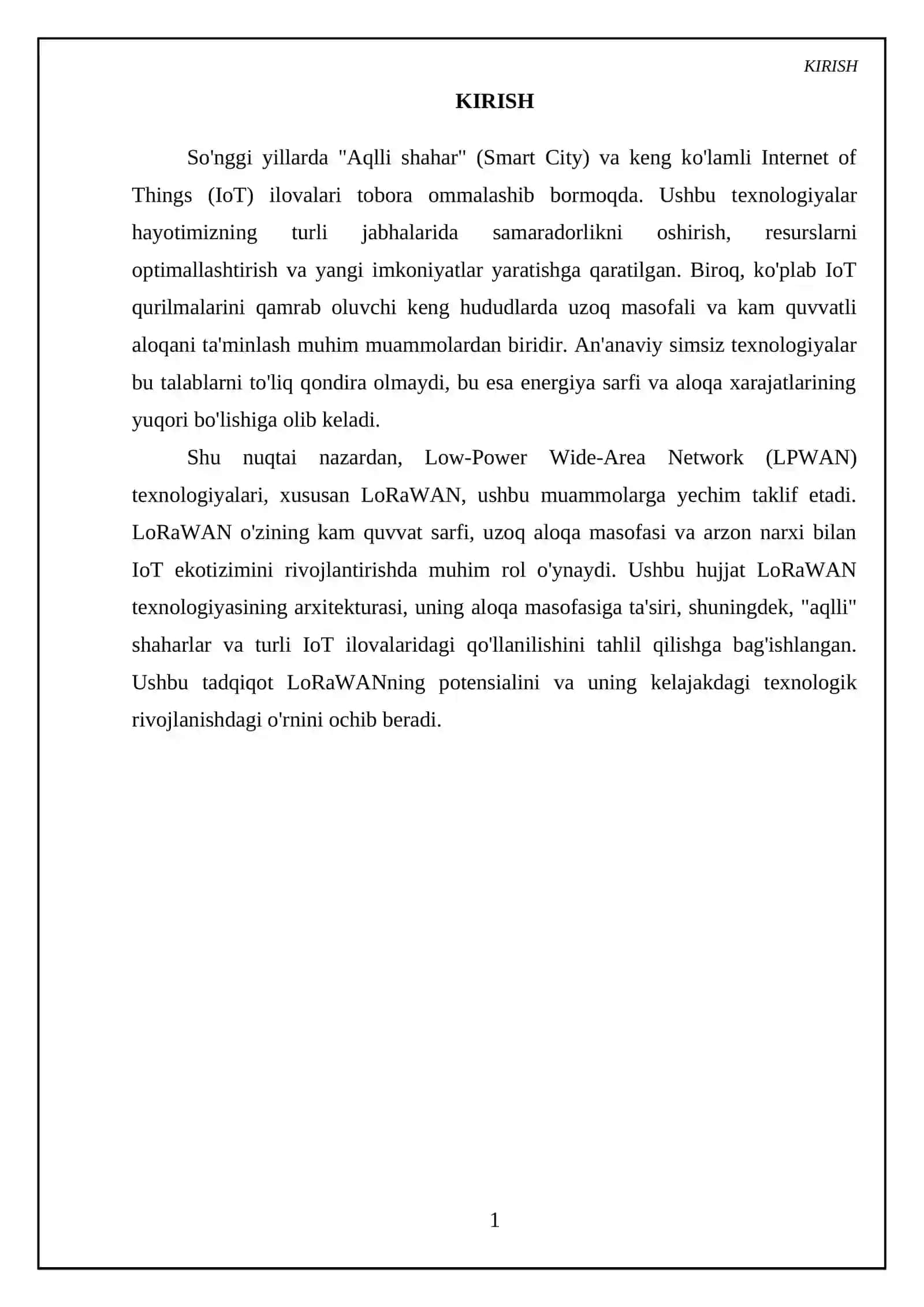 LPWAN texnologiyasi LoRaWAN arxitekturasi, aloqa masofasi, “aqlli” shaharlar va IoT ilovalaridagi qo‘llanilishi 3