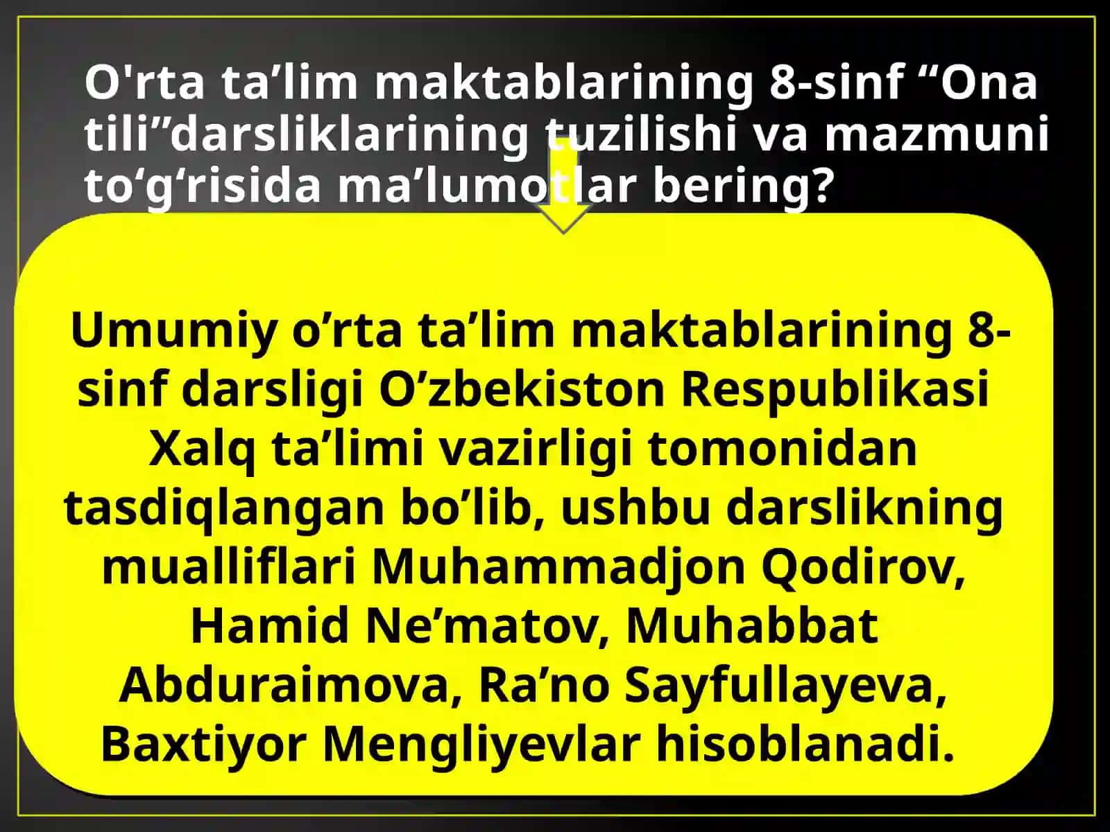 UMUMIY O'RTA TA’LIM MAKTABLARINING 8- SINF “ONA TILI”DARSLIKLARINING TUZILISHI VA MAZMUNI 3