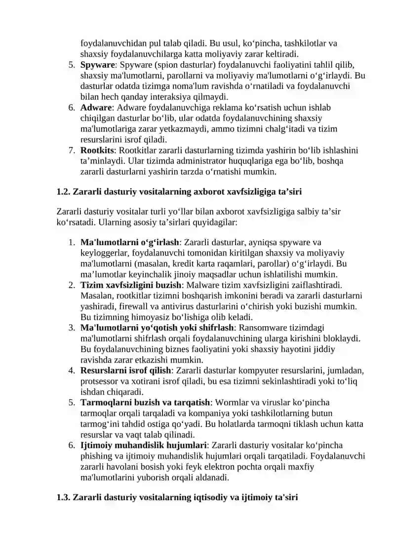 Zararli dasturiy vositalarni klassifikatsiyasi va  himoya usullari. 3
