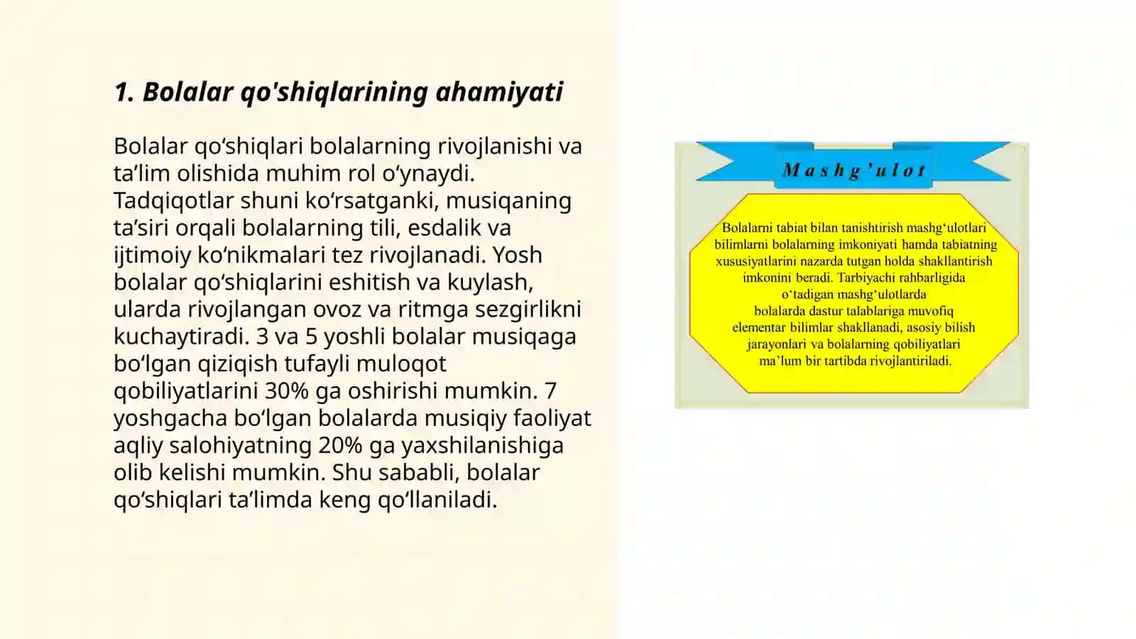 Bolalarni ashula aytish musiqa tinglash va musiqaviy ritmik xarakatlarni oʻrgatish 3