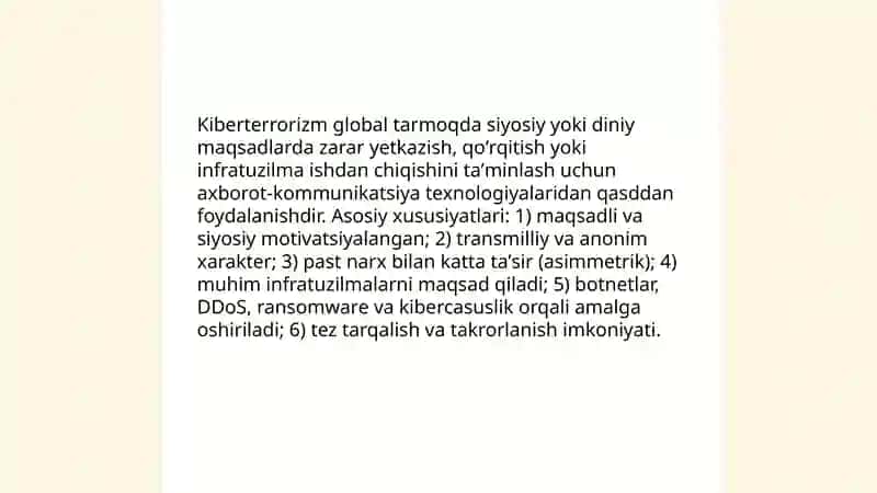 Global tarmoqda kiberterrorizm va kiber hujumlar himoyalanishning havfsizlik choralari 3