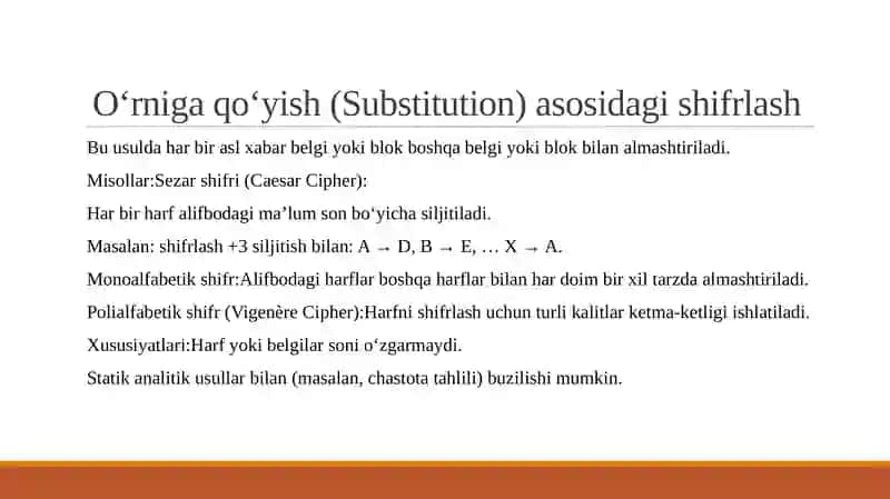 O‘RNIGA QO‘YISH HAMDA O‘RINALMASHTIRISH AKSLANTIRISHLARIGA ASOSLANGAN SHIFRLASH ALGORITMLARI 3