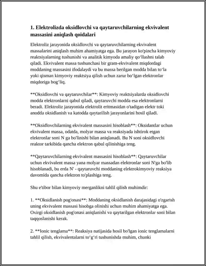 OKSIDLOVCHI VA QAYTARUVCHILARNING EKIVALENT MASSALARNI HISOBLASH ELEKTROLIS 3