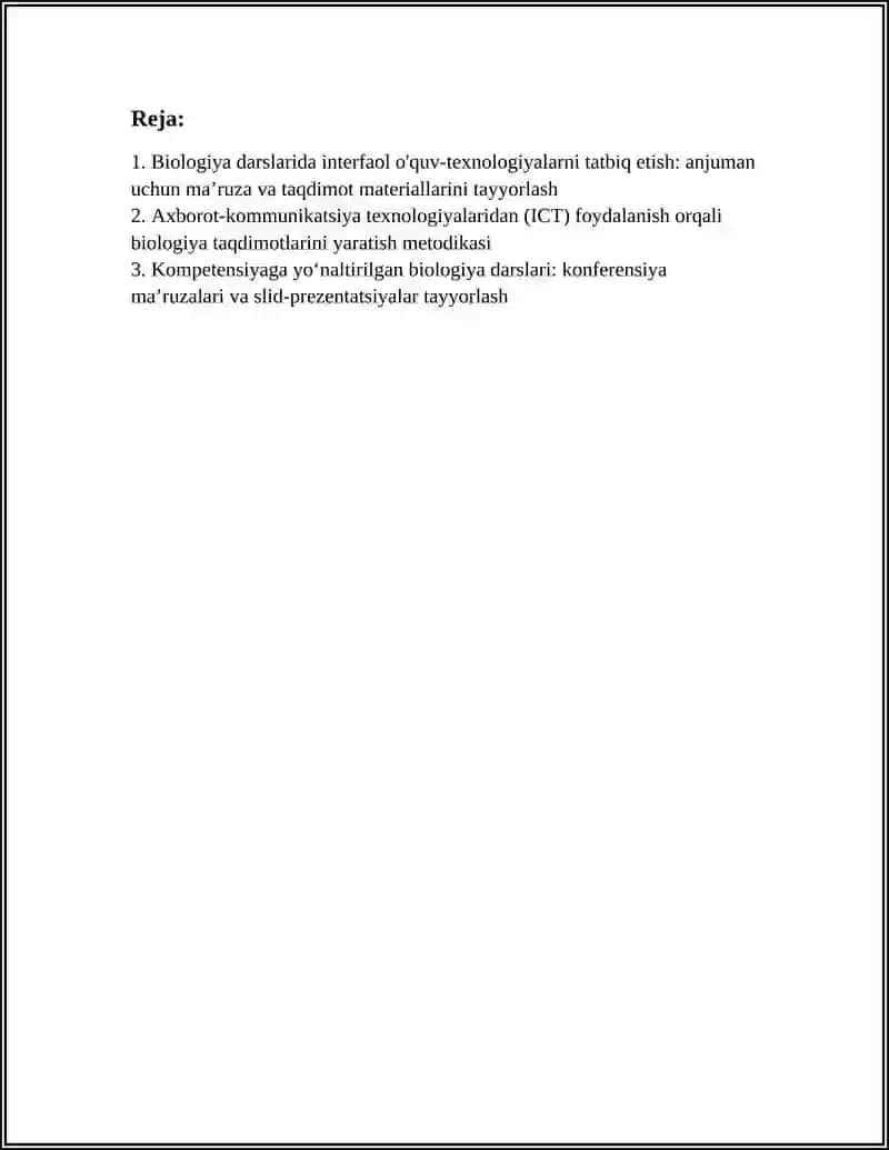 BIOLOGIYA OʻQITISH METODIKASINING DOLZARB MUAMMOLARIGA BAGʻISHLANGAN ANJUMANLAR UCHUN MAʼRUZA VA TAQDIMOTLAR MATERIALLAR TAYYORLASH 3