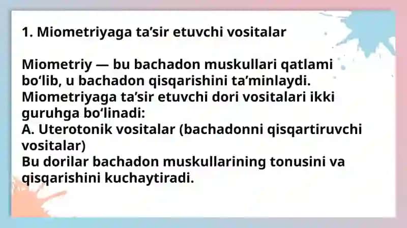 Miometriyaga ta'sir etuvchi vositalar.Narkotik vositalar 3