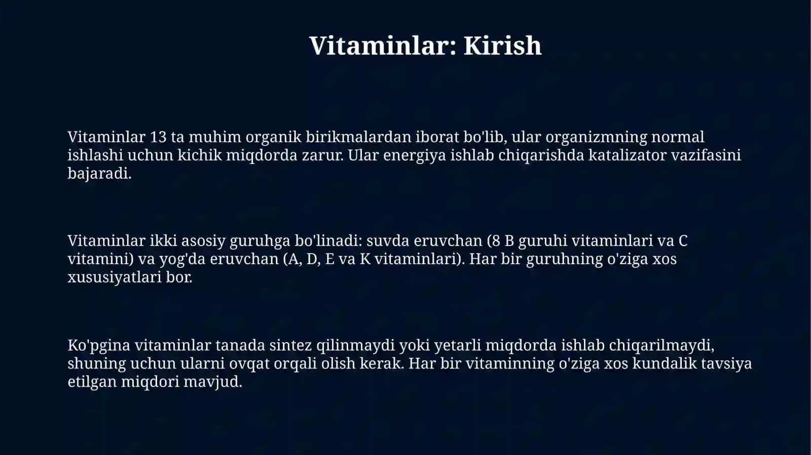 Vitaminlar. ularni qayta ishlashta'siridao'zgarishi 3