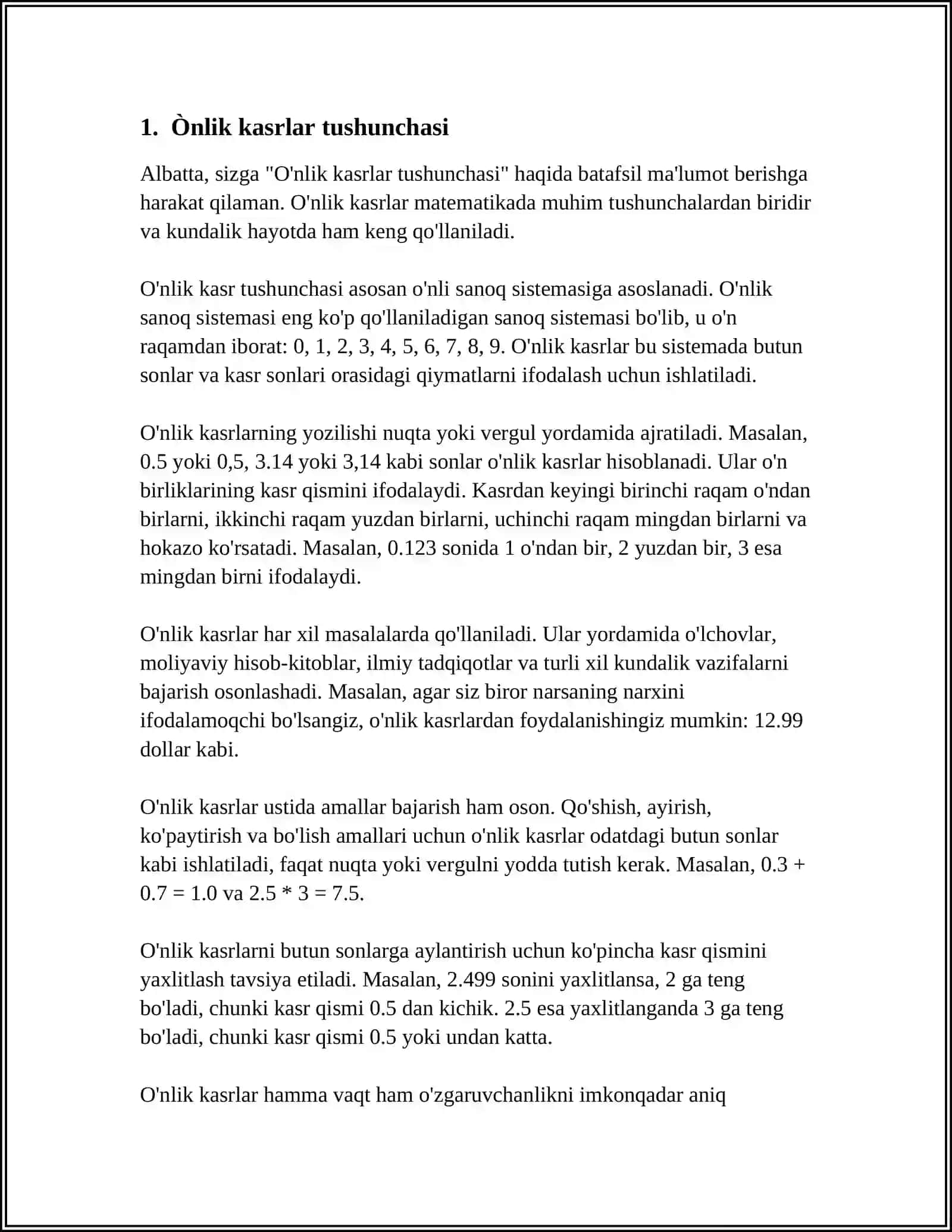 Ònlik kasrlar va ular ustida arifmetik amallarni bajarish algoritmi 3