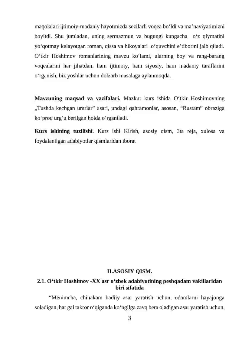 “O‘zbek adabiyoti” fanidan “O‘tkir Hoshimovning “Tushda kechgan umrlar” romanida fojiaviylik” 3