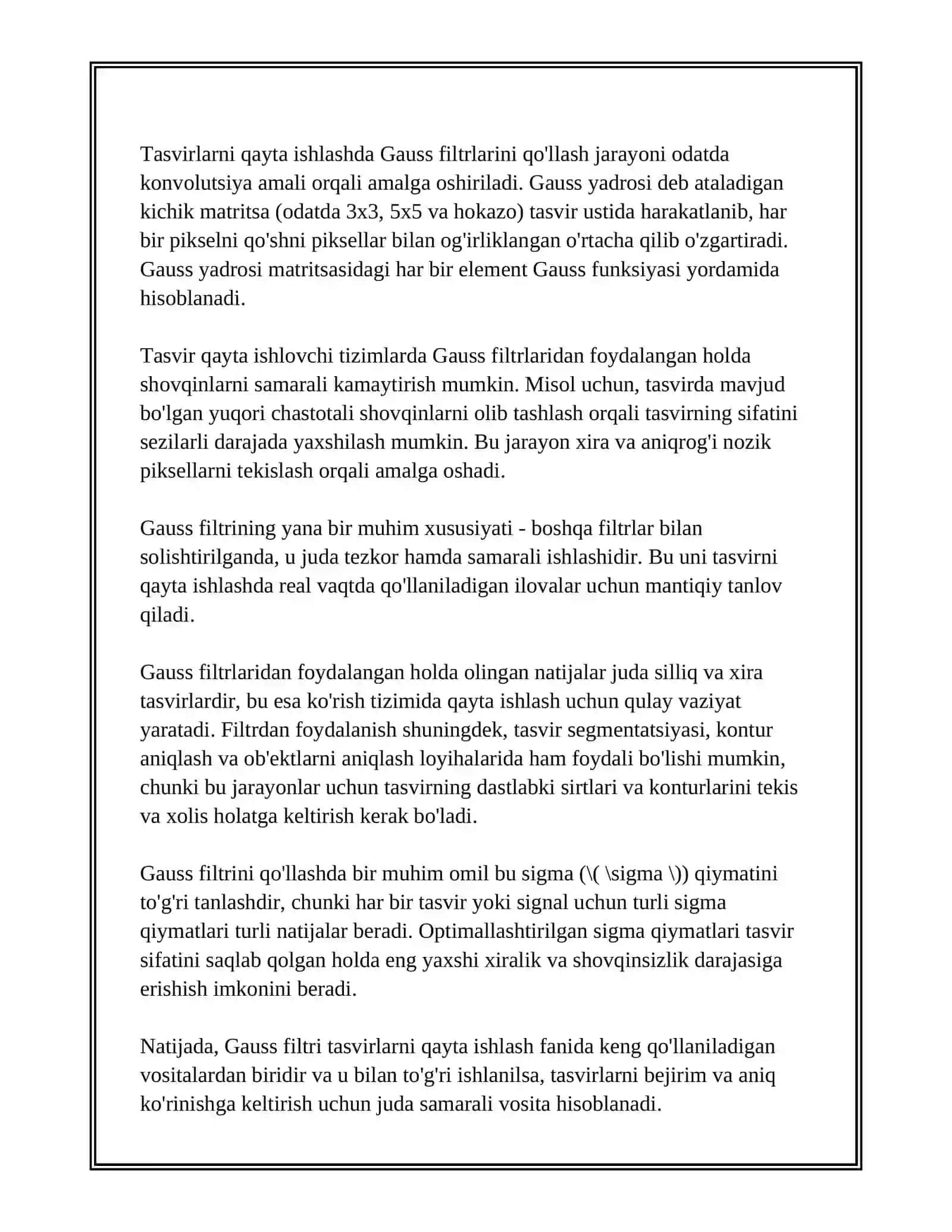 TASVIRLARNI QAYTA ISHLASH FANIDAN. GAUSS FILTRI VA UNING QO'LLANILISHI MAVZUSIDA 3