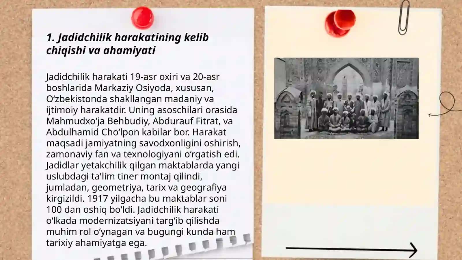 Jadid ma'rifatparvarlarning oʻlka ijtimoiy-ma'naviy hayotida tutgan oʻrni (Munavvar Qori,Fitrat,Behbudiy,Avloniy va boshqalar) 3