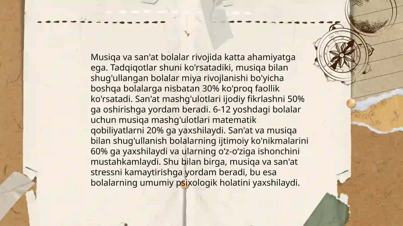 Musiqa san’atining hayotdagi o‘rni va roli,MTMda musiqa mashg’ulotlari boshqa fanlar bilan o’zaro bogliqligi 3