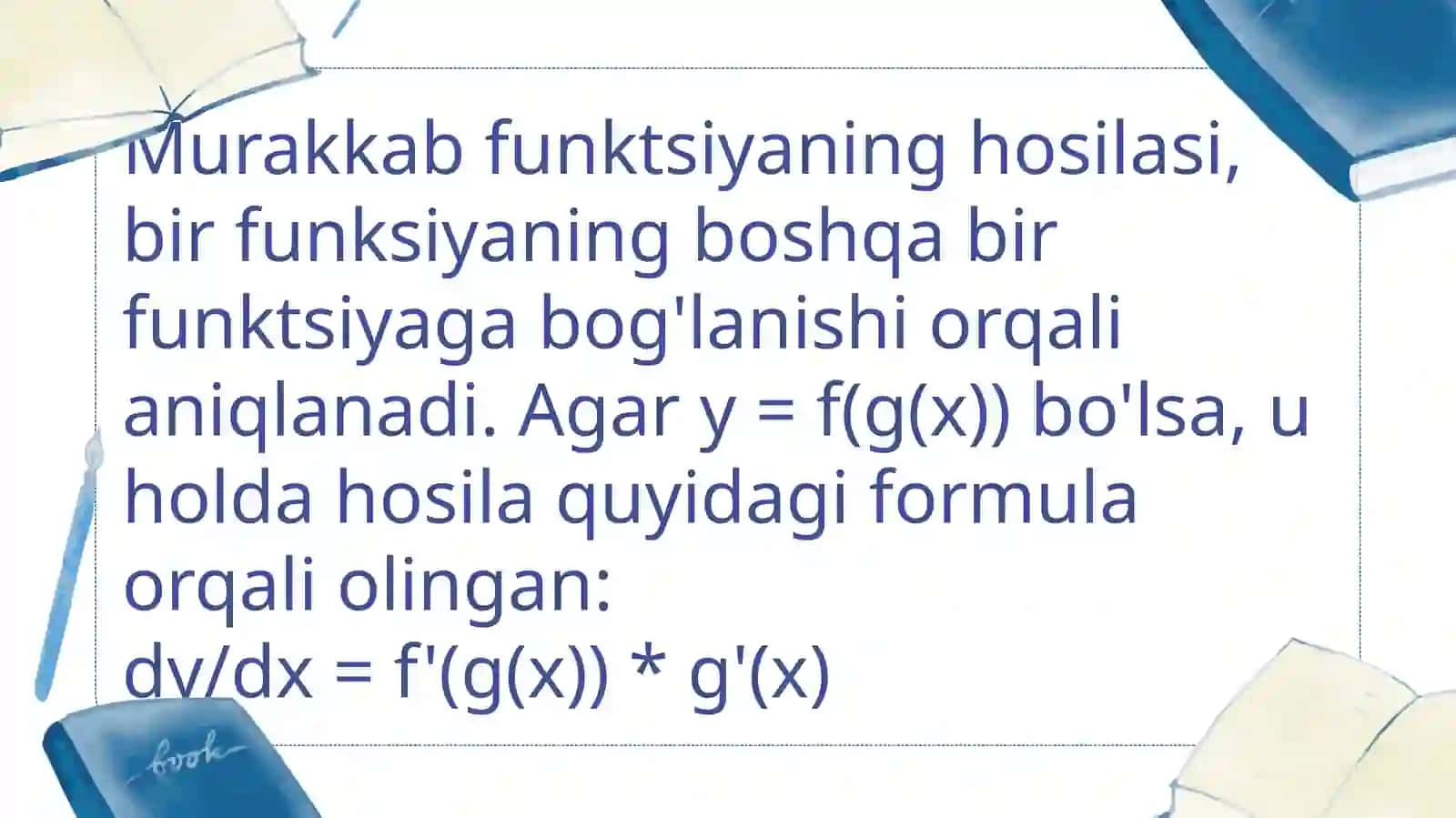 Murakkab funksiya hosilasi. Bir tomonli hosila. Cheksiz hosila. Nuqtada hosila mavjud boʻlmagan holga misol 3