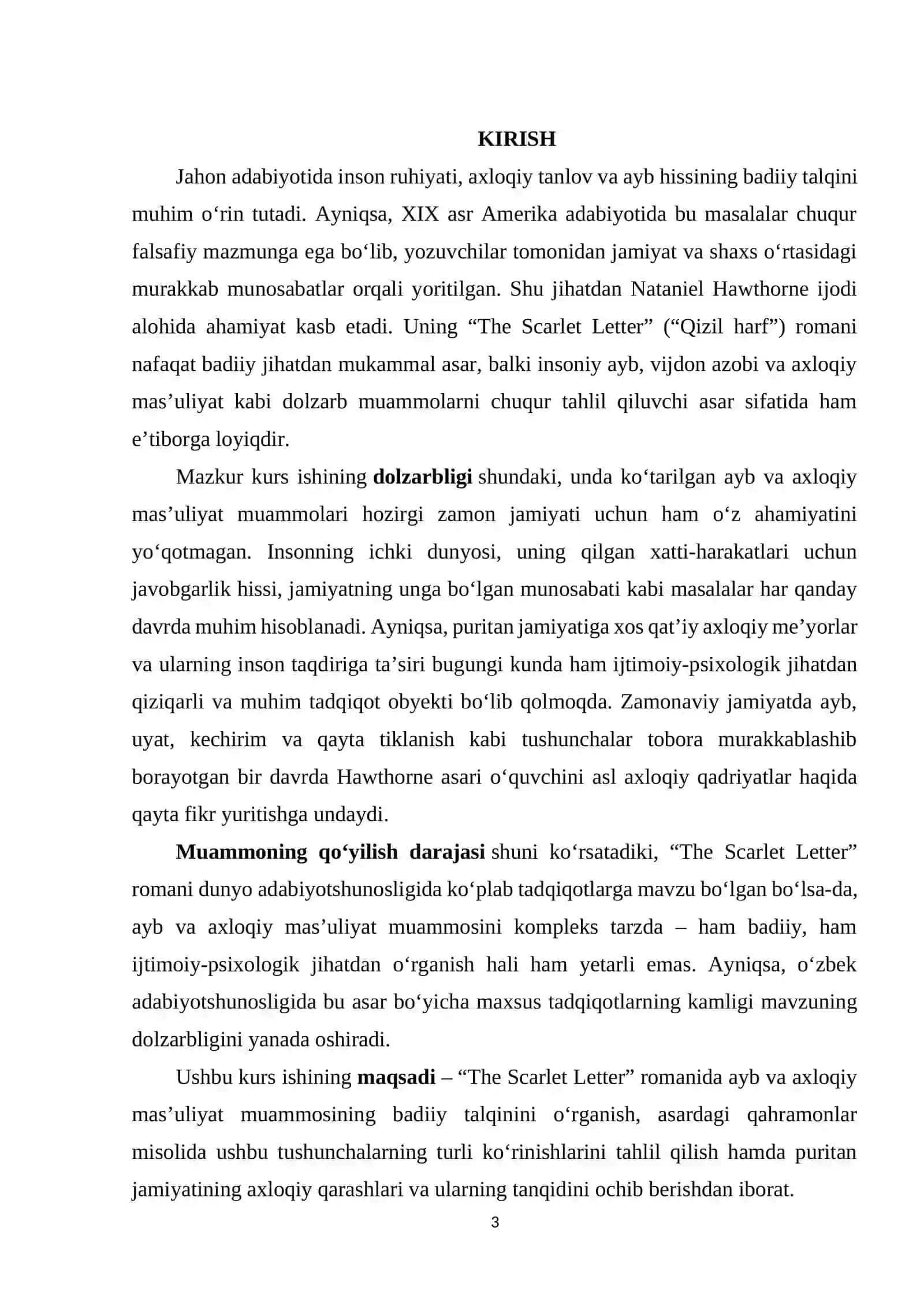 NATANIEL HOTORNNING “THE SCARLET LETTER” ROMANIDA AYB VA AXLOQIY MAS’ULIYAT MUAMMOSI mavzusidagi KURS ISHI 3
