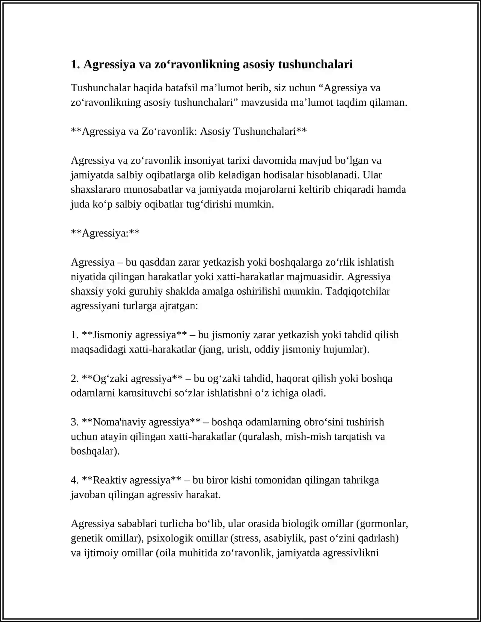 AGRESSIYA VA ZO'ROVONLIK HAQIDA TUSHUNCHA, UNING MOHIYATI 3