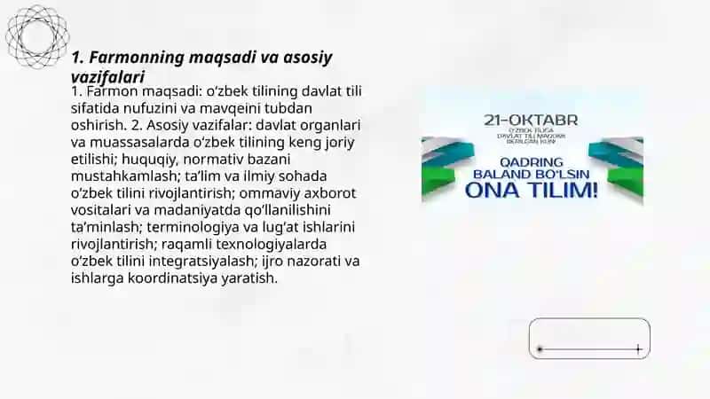 Oʻzbek tilining davlat tili sifatida nufuzli va mavqei tubdan oshirish chora tadbirlar toʻgʻrisida 3