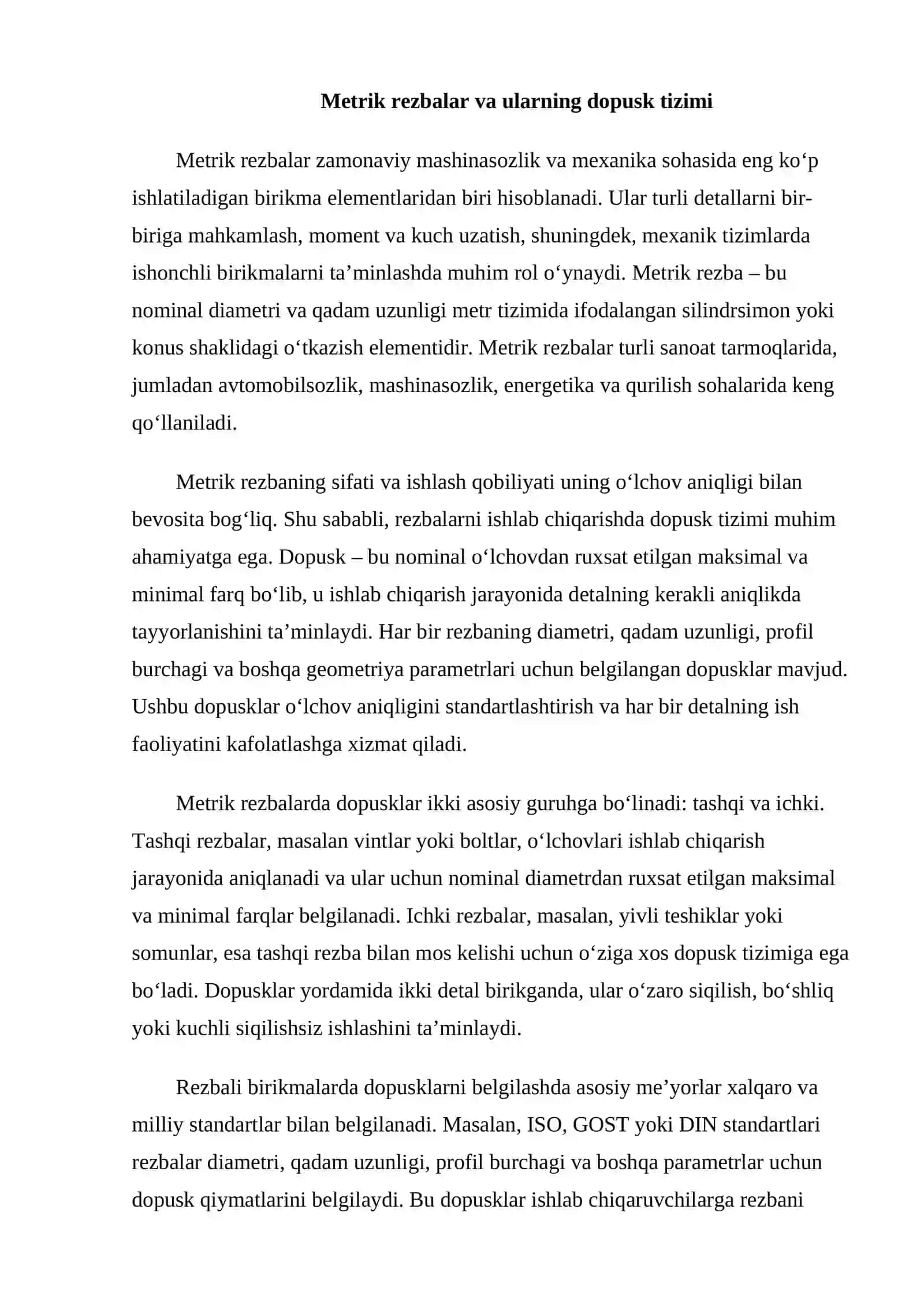 Metrik rezbani dopusklar va o'tqazishlar sistemasi. 3