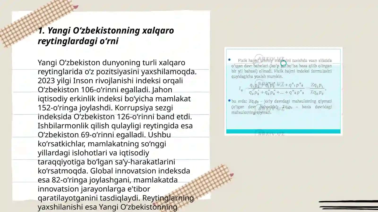 Yangi Oʻzbekiston ijtimoiy-iqtisodiy va madaniy hayotida roʻy berayotgan oʻzgarishlarning xalqaro reyting va indekslarda aks etishi 3