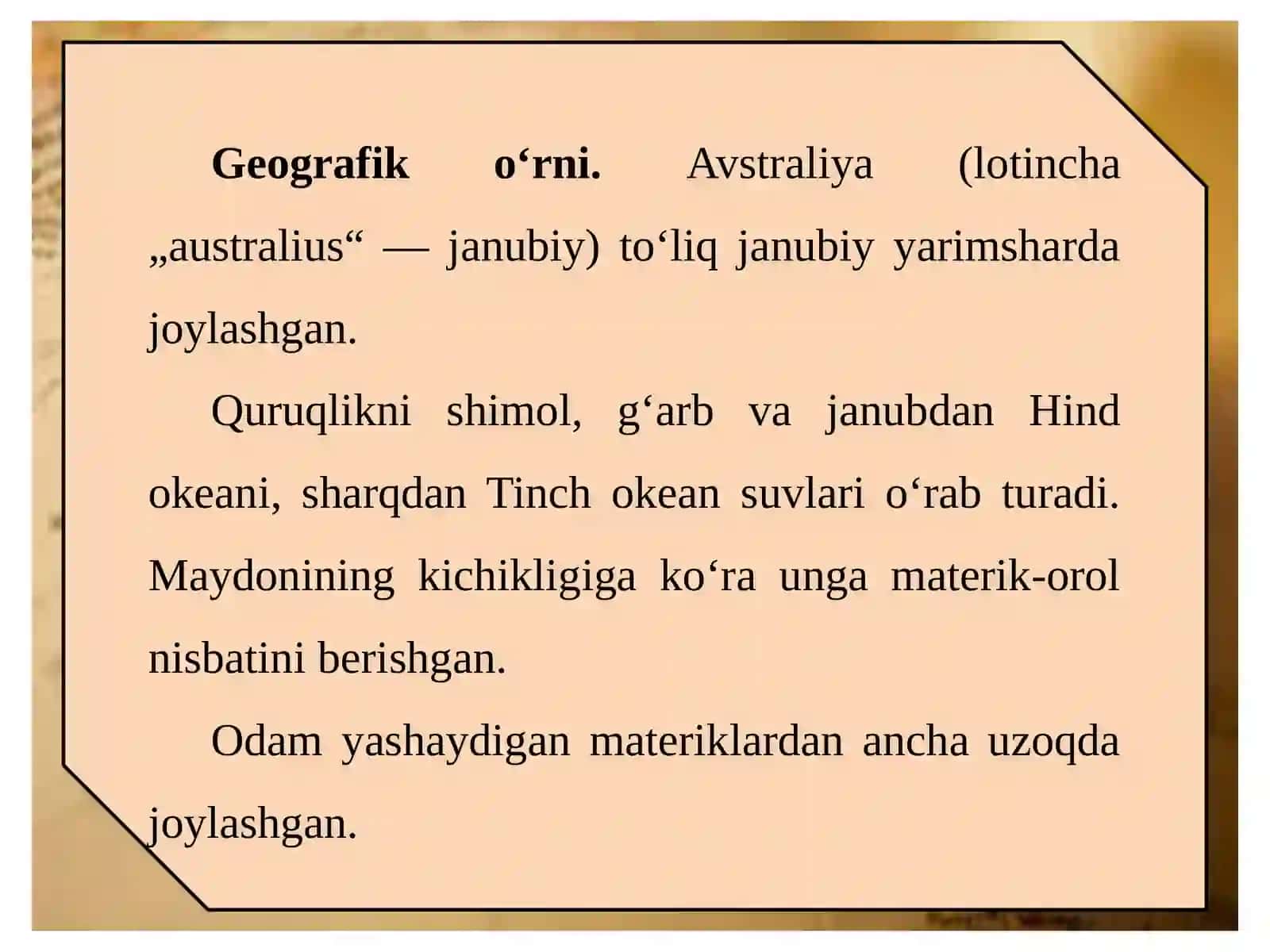 7-sinf Geografiya Avstraliyaning geografik o'rni, o'rganilishi, geologik tuzilishi, foydali qazilmalari va relyefi 3