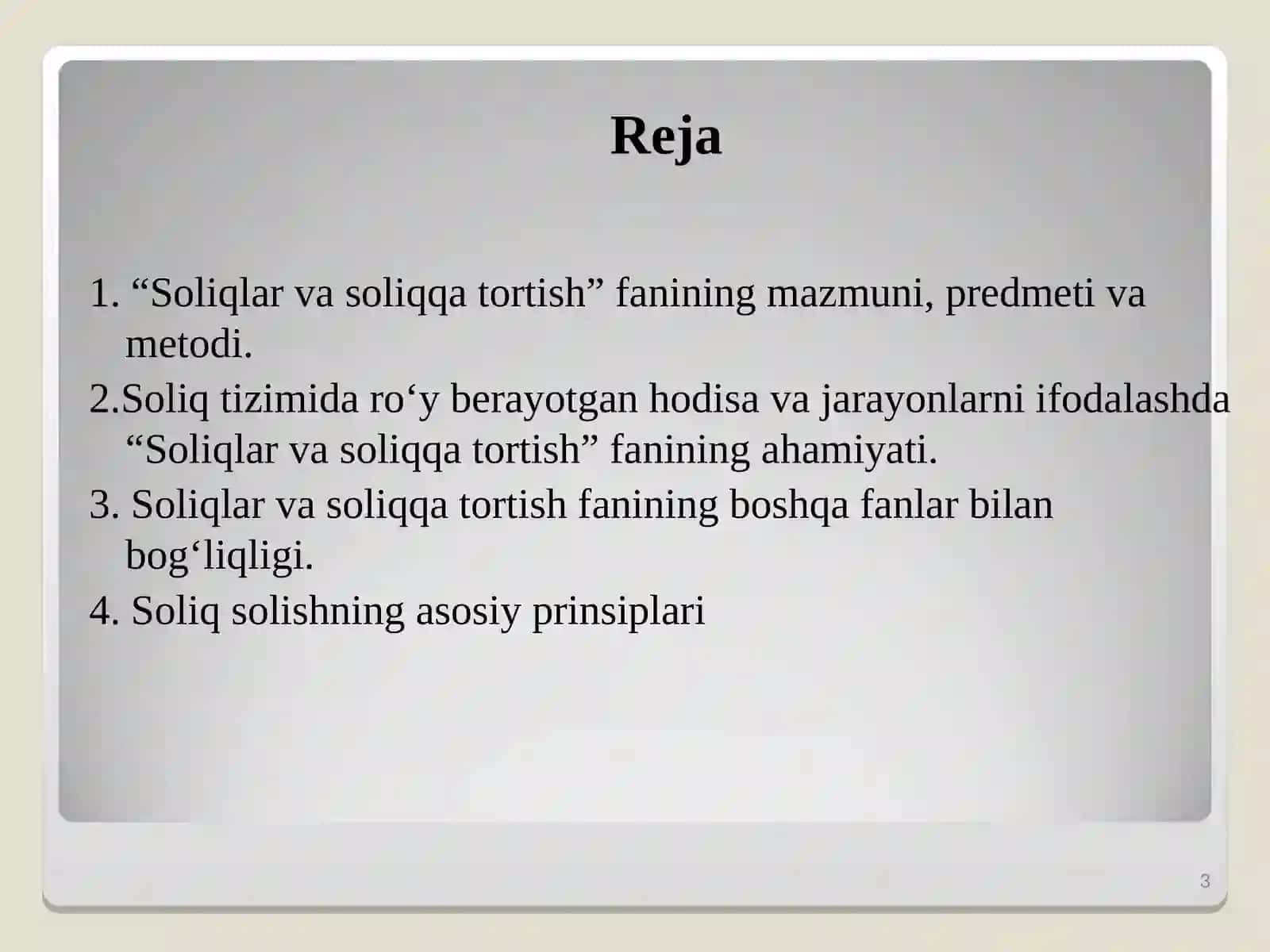 “Soliqlar va soliqqa tortish”fanidan maʼruza mashgʻuloti 3
