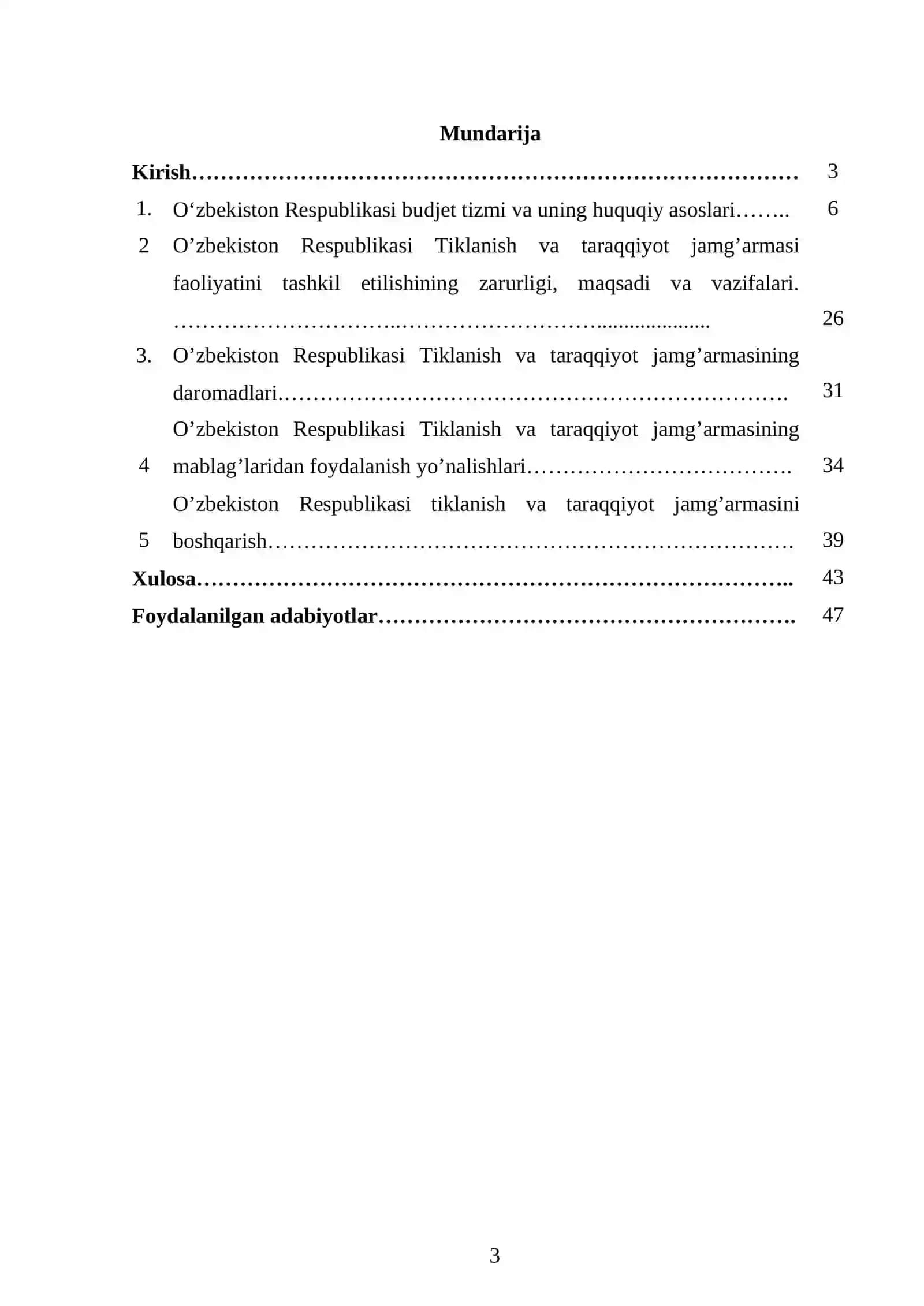 Milliy budjet tizimida O’zbekiston Respublikasi Tiklanish va taraqqiyot jamg’armasining o’rni va ahamiyati mavzusida kurs ishi 3
