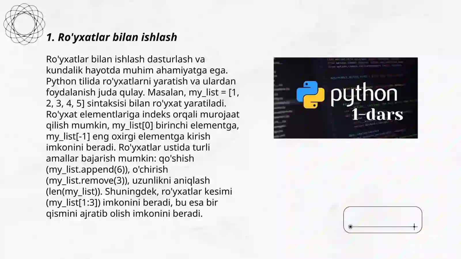 Python dasturlash tilida ro‘yxatlar va ularning metodlari 3