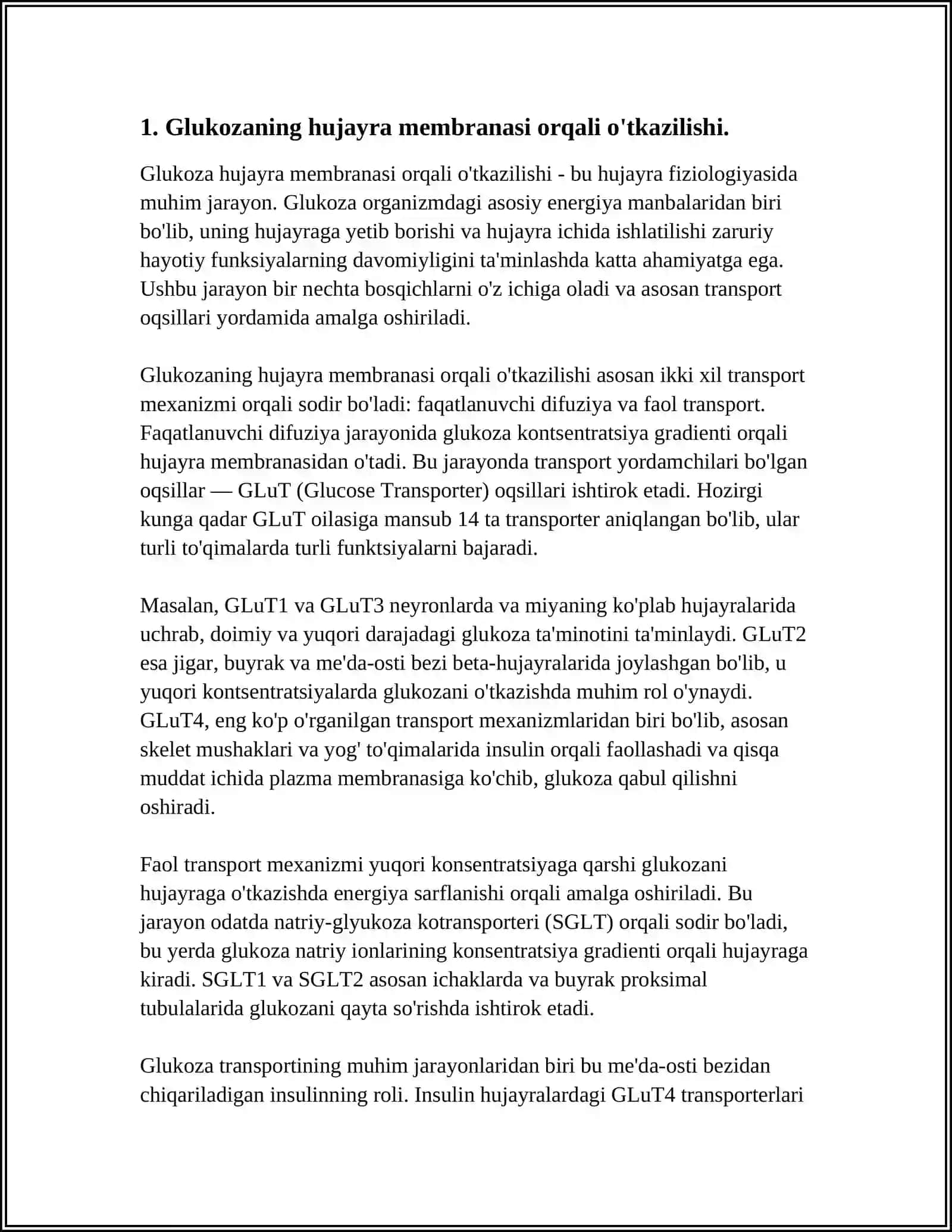 GLYUKOZANI MEMBRANA ORQALI ÒTKAZILISHI. GLYUKOZANI TASHUVCHILARNING TUZILISHI, SPESIFLIGI, KLINIK AHAMIYATI 3