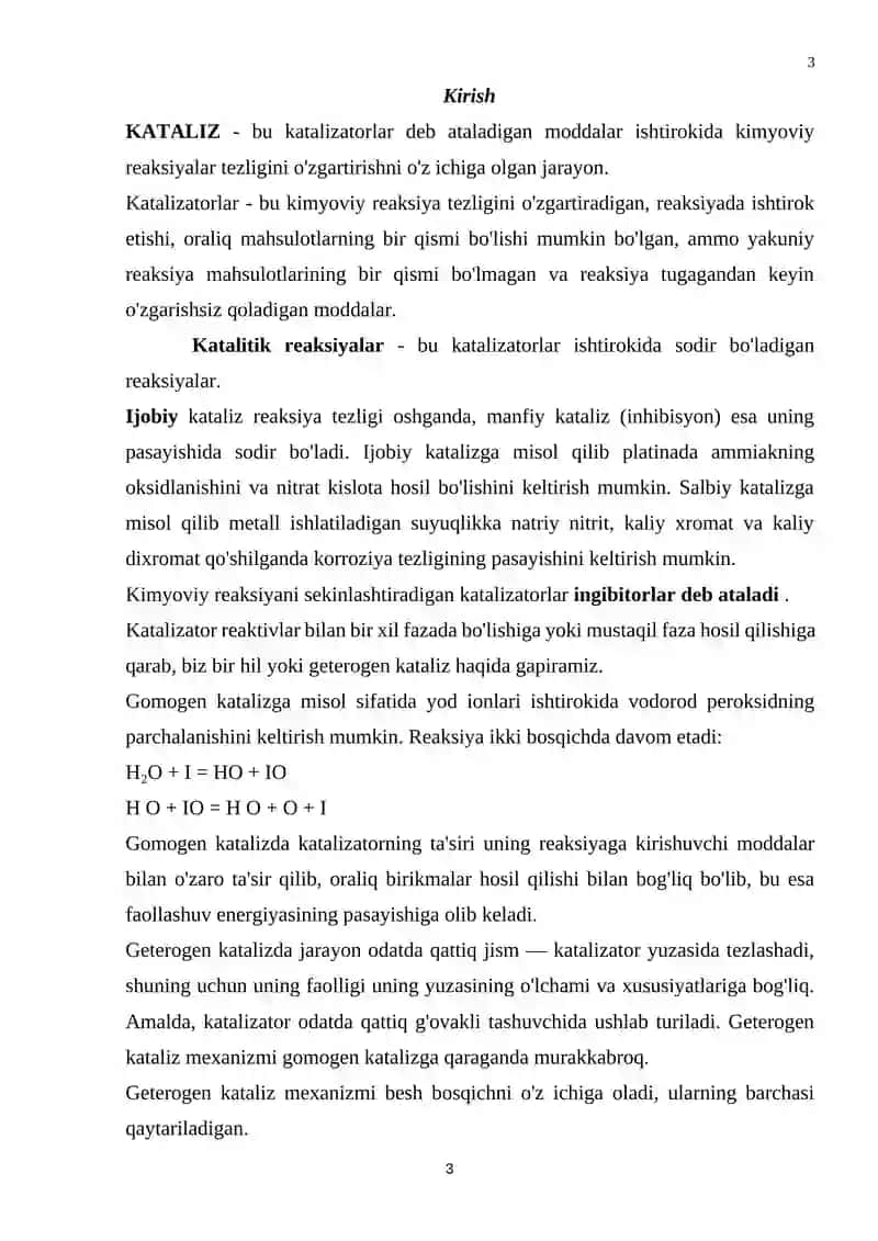 Ekspluatatsiya sharoitlari va reaksion muhit ostida katalizator faolligining o'zgarishi tabiati. Termik va kimyoviy zararsizlantirish 3