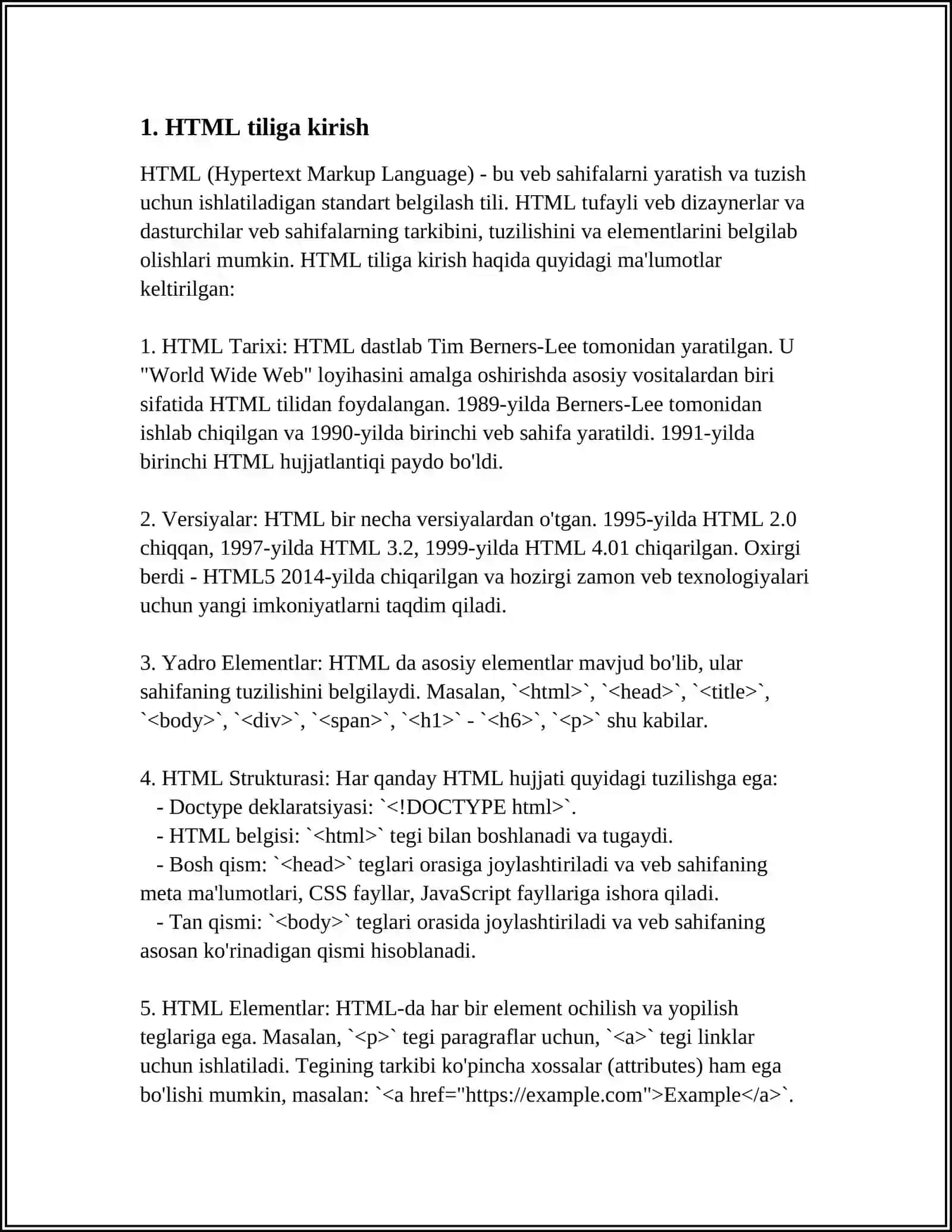HTML TILIGA KIRISH, UNING ASOSIY ELEMENTLARI. TEG TUSHUNCHASI 3