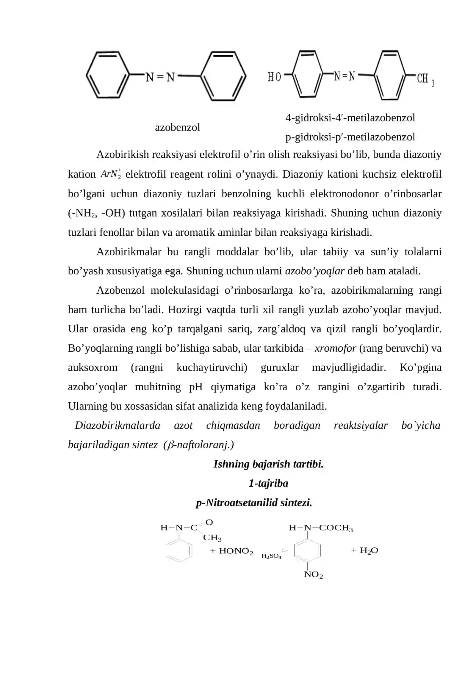 n-Nitroatsetanilid sintezi. β-Naftolaranj sintezi. Oqsillarga xos ksantoprotein reaksiyasi. Disaxaridlarlarni o’rganish 3