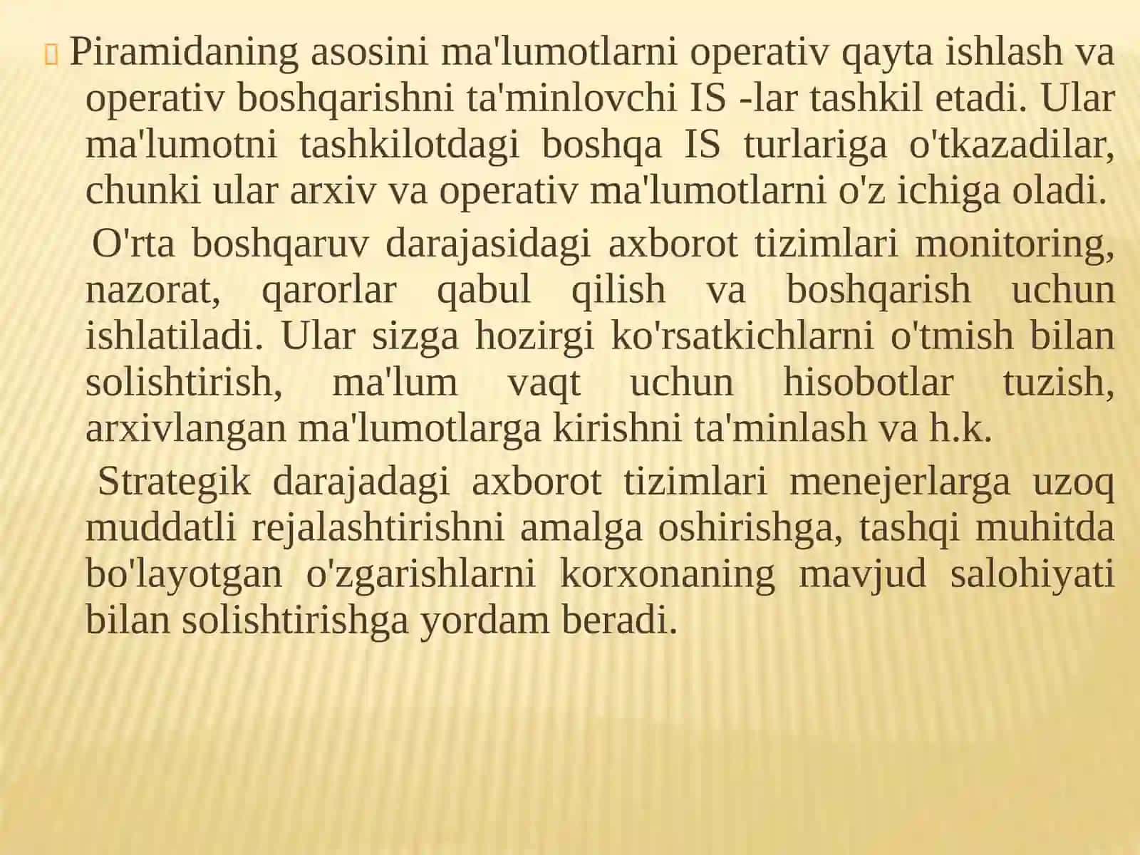 Axborot  tizimlarining tasnifi va ularning boshqaruvdagi o'rni 3