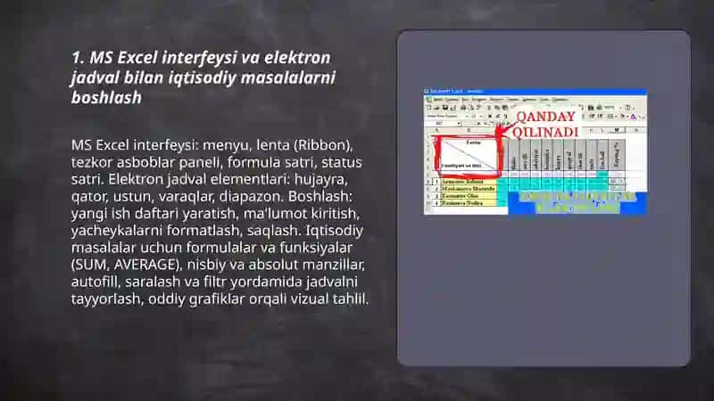 MS Excel elektron jadvalida iqtisodiy masalalarni yechish ko‘nikmalarini hosil qilish 3