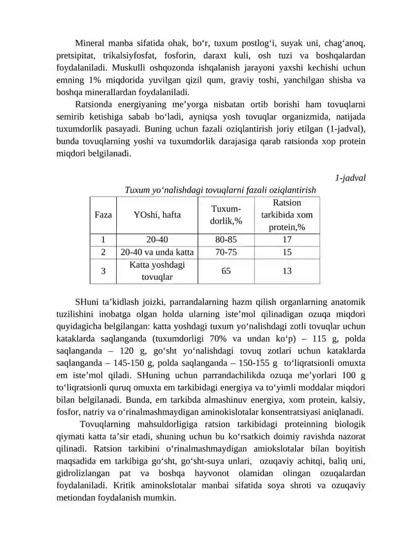 Tuxum beradigan tovuqlar va go‘sht yo‘nalishidagi jo‘jalarni uchun to‘la qiymatli omuxta yem retseptini tuzish 3
