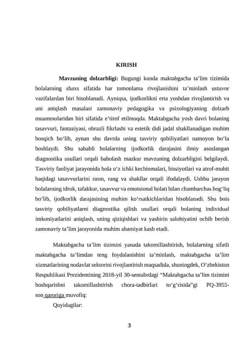 Ijodkorlik darajasini baholash: maktabgacha yoshdagi bolalarda tasviriy qobiliyatlarni diagnostika qilish usullari (KURS ISHI) 3