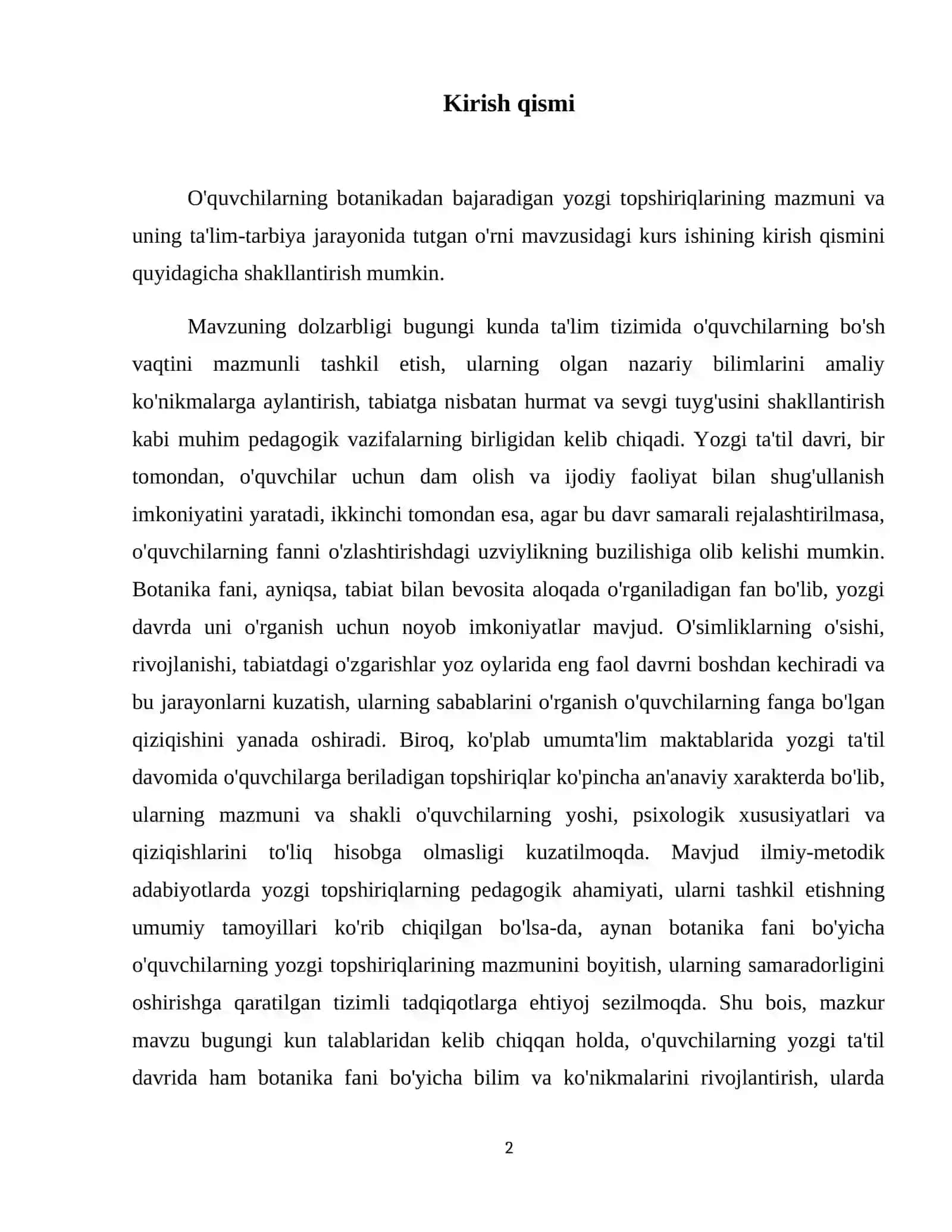 O'quvchilarning botanikadan bajaradigan yozgi topshiriqlarining mazmuni va uning ta'lim-tarbiya jarayonida tutgan o'rni 3