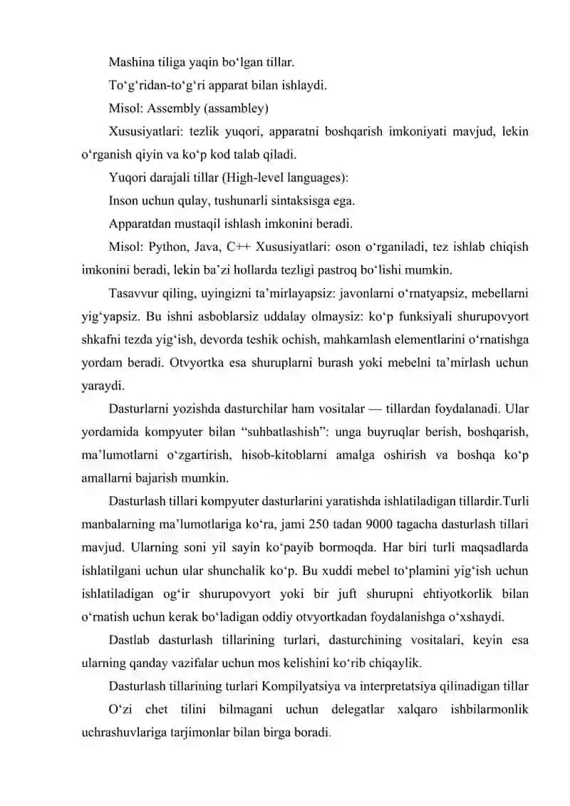 DASTURLASH PARADIGMALARINI QO‘LLAB–QUVVATLASH. QUYI VA YUQORI DARAJALI DASTURLASH TILLARI. 3