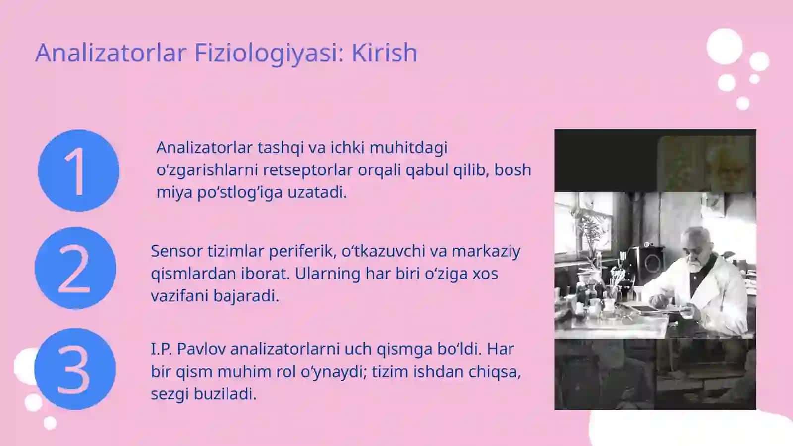 Analizatorlar fiziologiyasi. Retseptorlar (og`riq, hid biluv, tam biluv, baro-hemo ) 3