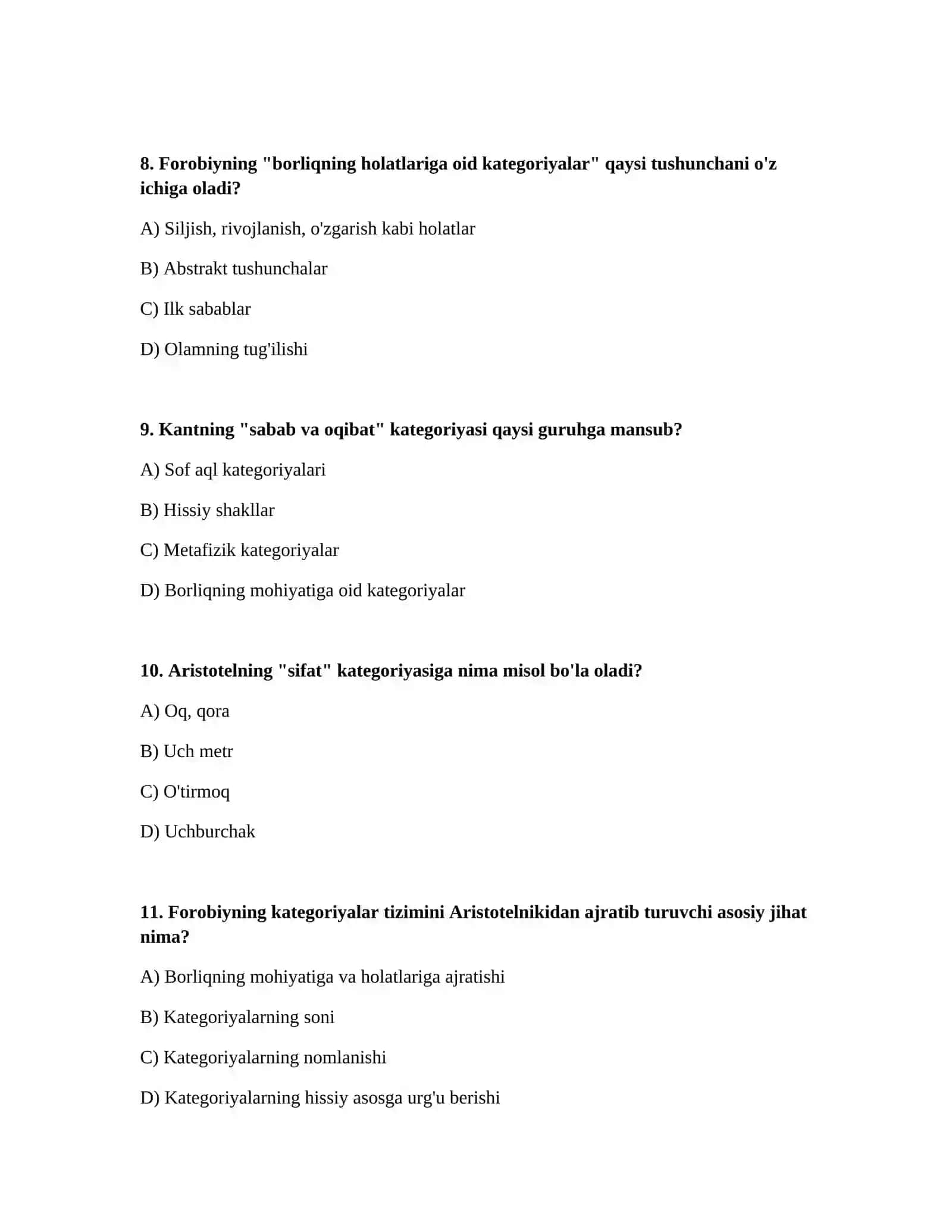 Aristotel, Forobiy va Kant ontologiyasida kategoriyalarning tasnifi 3