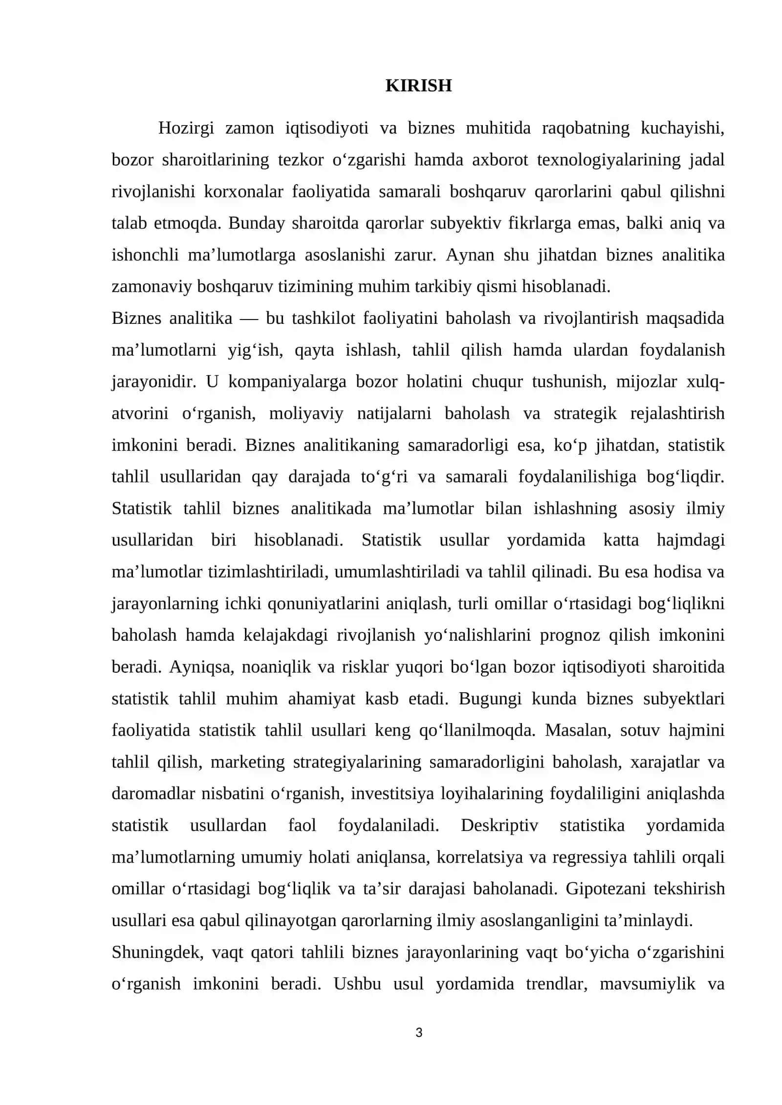 Biznes analitikada statistik usullar va ularning qo‘llanilishi – asosiy statistik tahlil usullarini tushuntirish. 3