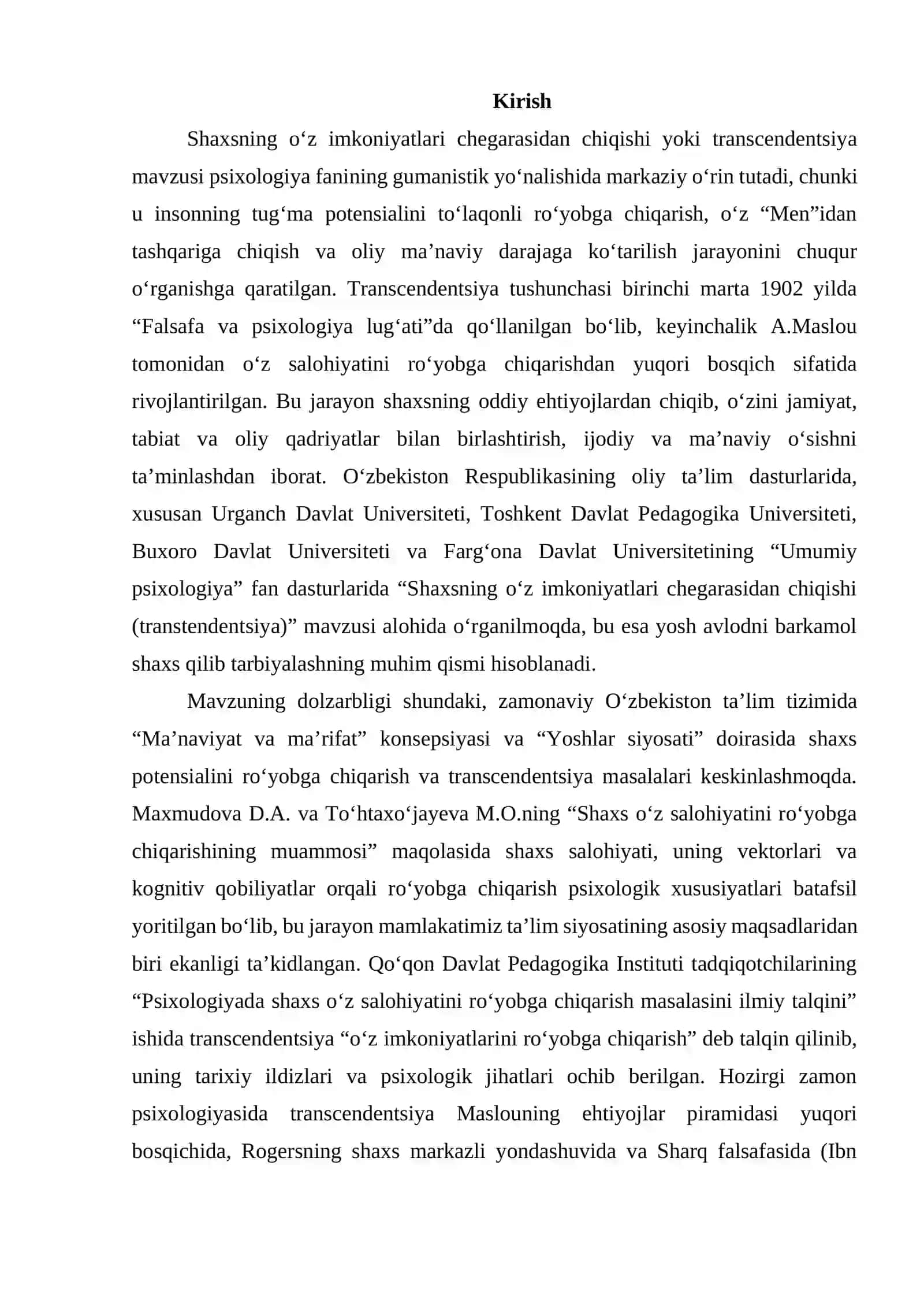 Shaxsning o‘z imkoniyatlari chegarasidan chiqishi (transcendentsiya) 3