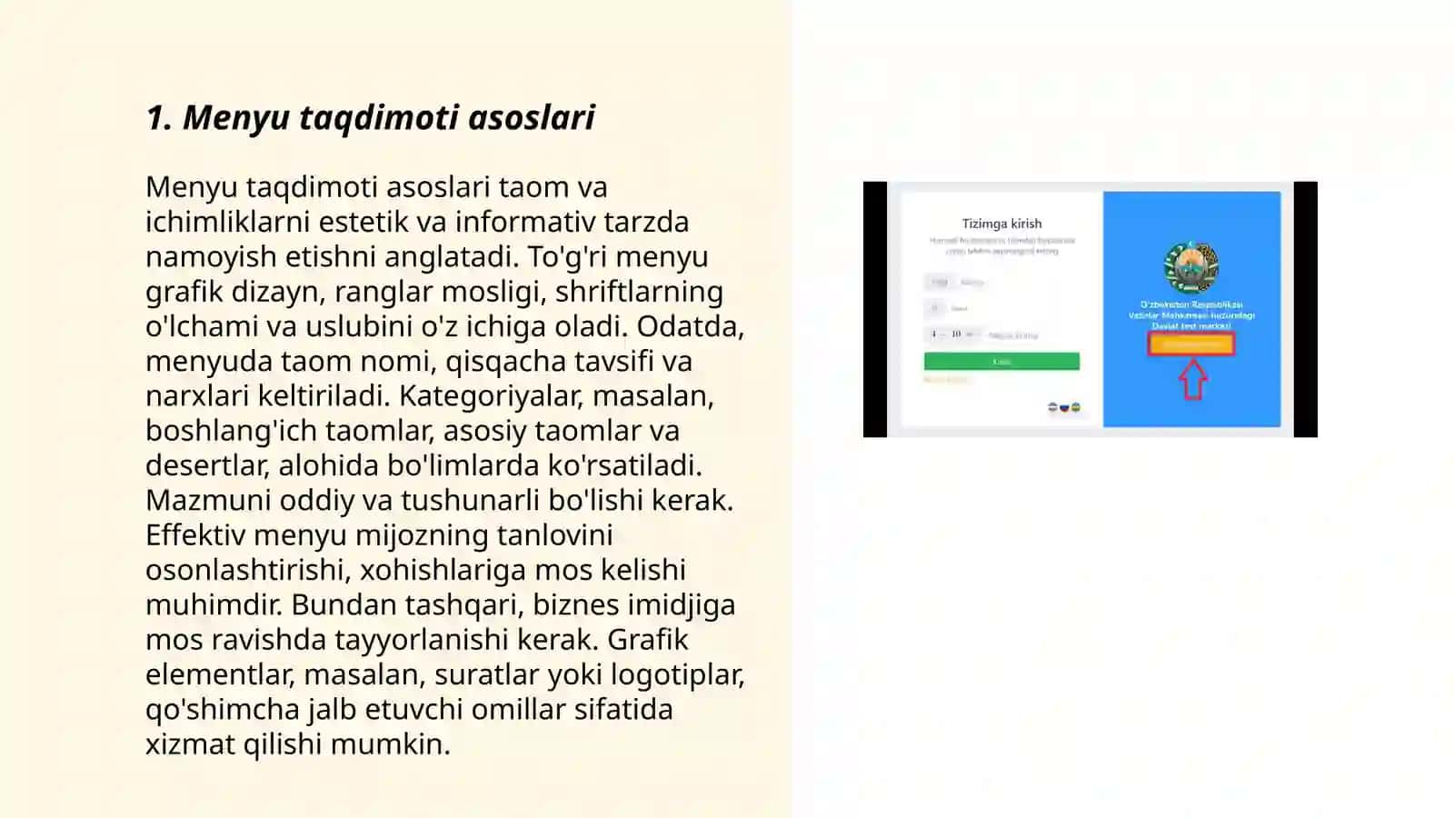 Menyu taqdimoti bo‘yicha shaxsiy ovqatlanishga baho berish 3