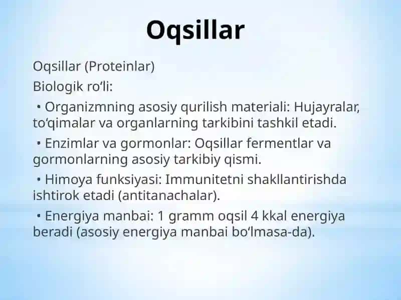 Asosiy ozuqaviy moddalar-oqsillar, yog’lar, karbonsuvlar, mineral moddalar, vitaminlarning biologik 3