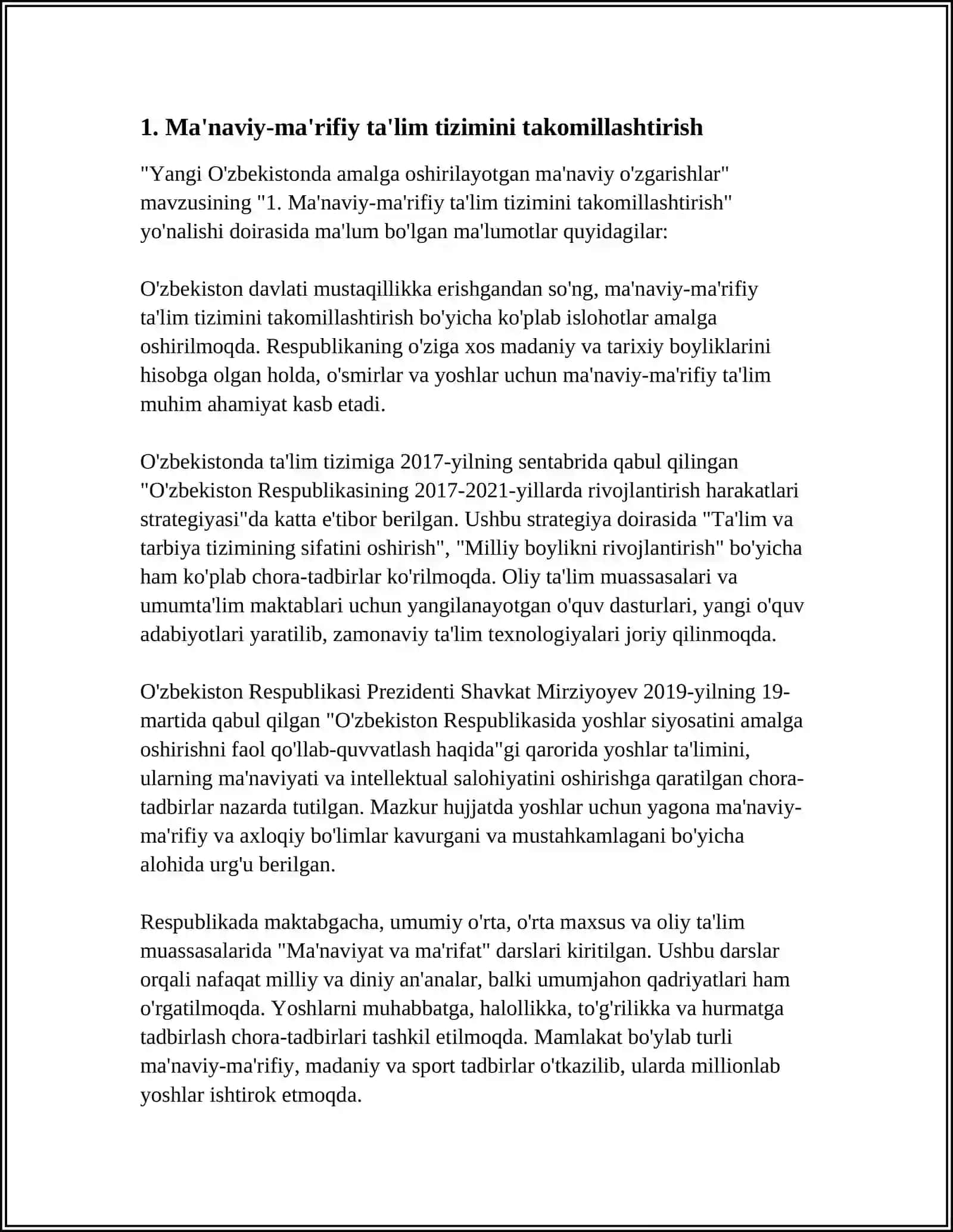 YANGI O'ZBEKISTONDA AMALGA OSHIRILAYOTGAN MA'NAVIY O'ZGARISHLAR 3