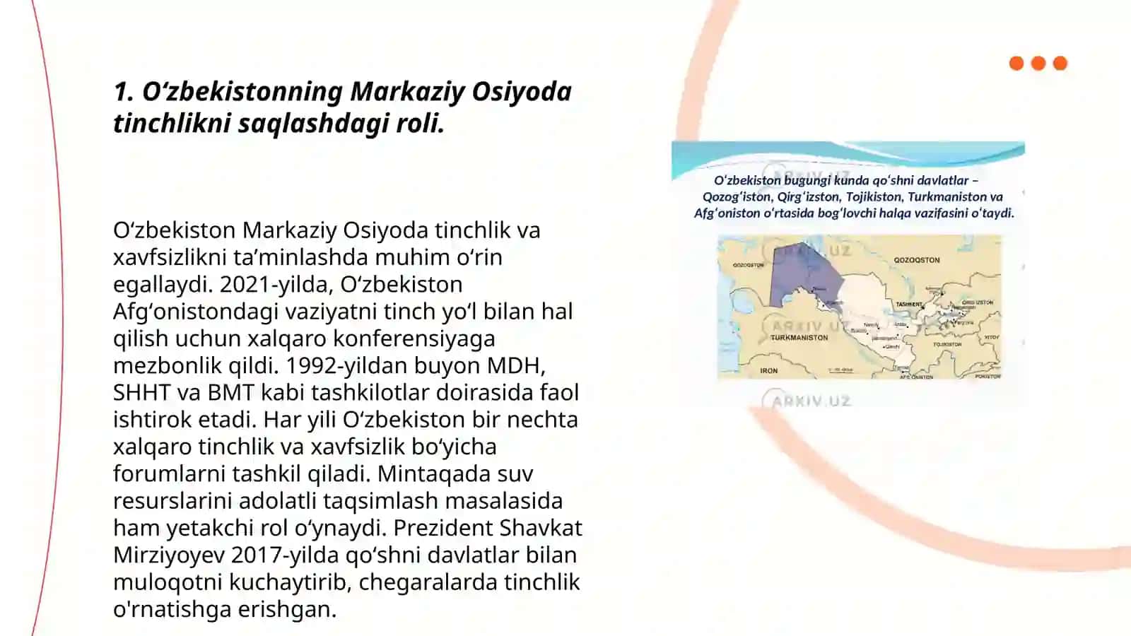 Oʻzbekiston Markaziy Osiyoda tinchlik va barqarorlikni taʼminlashdagi oʻrni 3