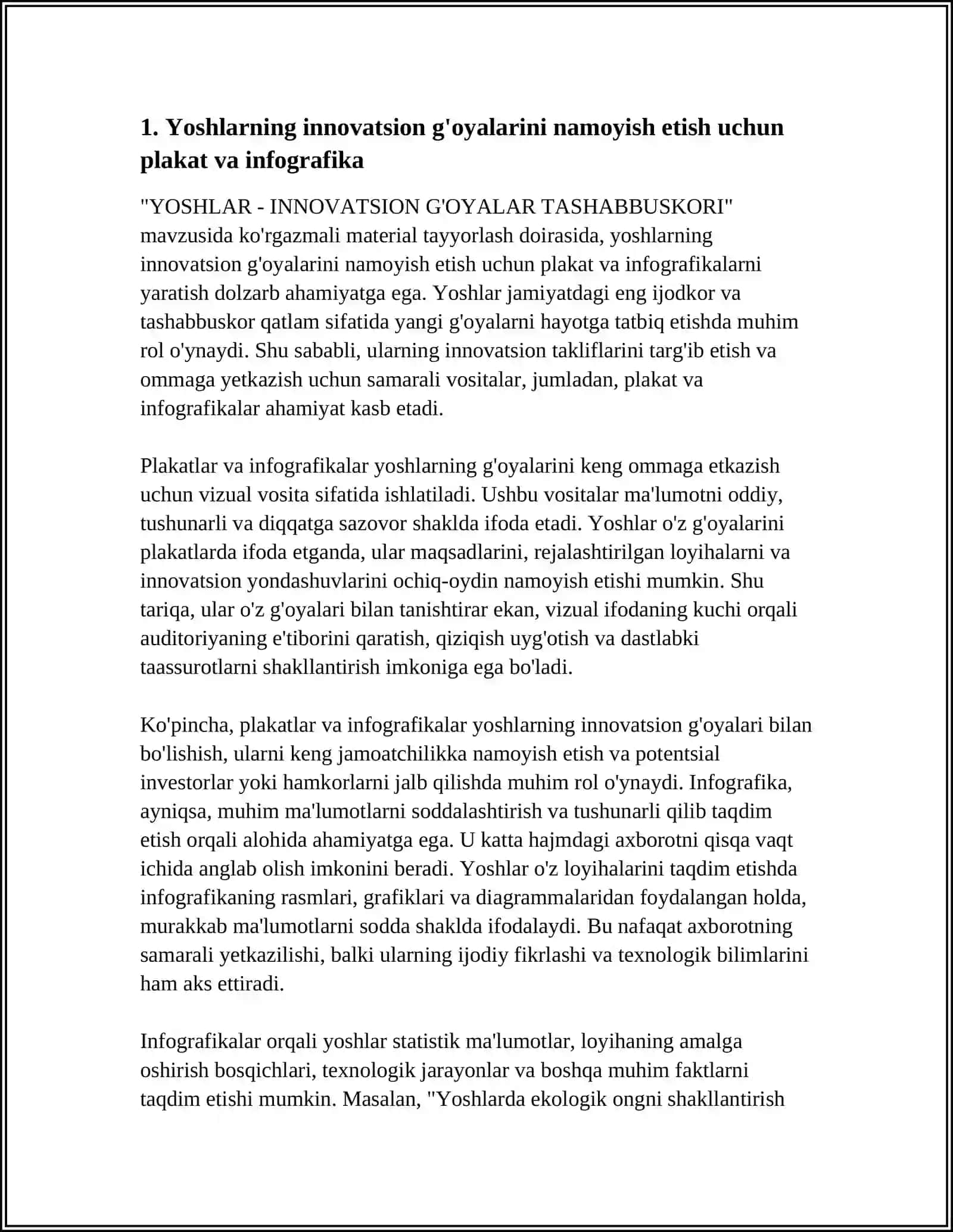 "YOSHLAR - INNOVATSION G'OYALAR TASHABBUSKORI" MAVZUSIDA KO'RGAZMALI MATERIAL TAYYORLASH 3