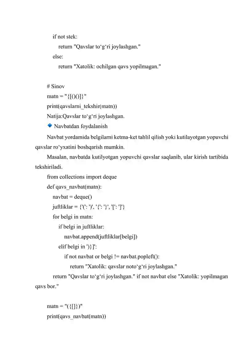NAVBAT VA STEKDAN FOYDALANIB MATN TAHLIL QILISH (MASALAN, QAVSLARNI TEKSHIRISH) 3