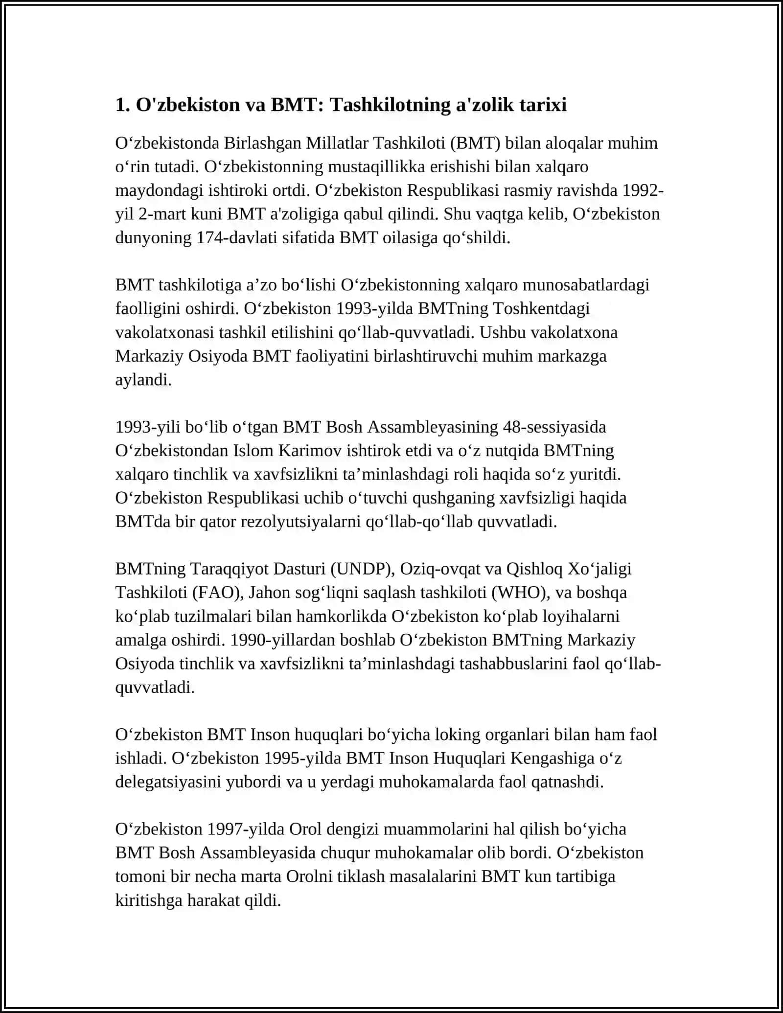 O'ZBEKISTON VA BMT HAMDA XALQARO TASHKILOTLAR BILAN HAMKORLIK 3