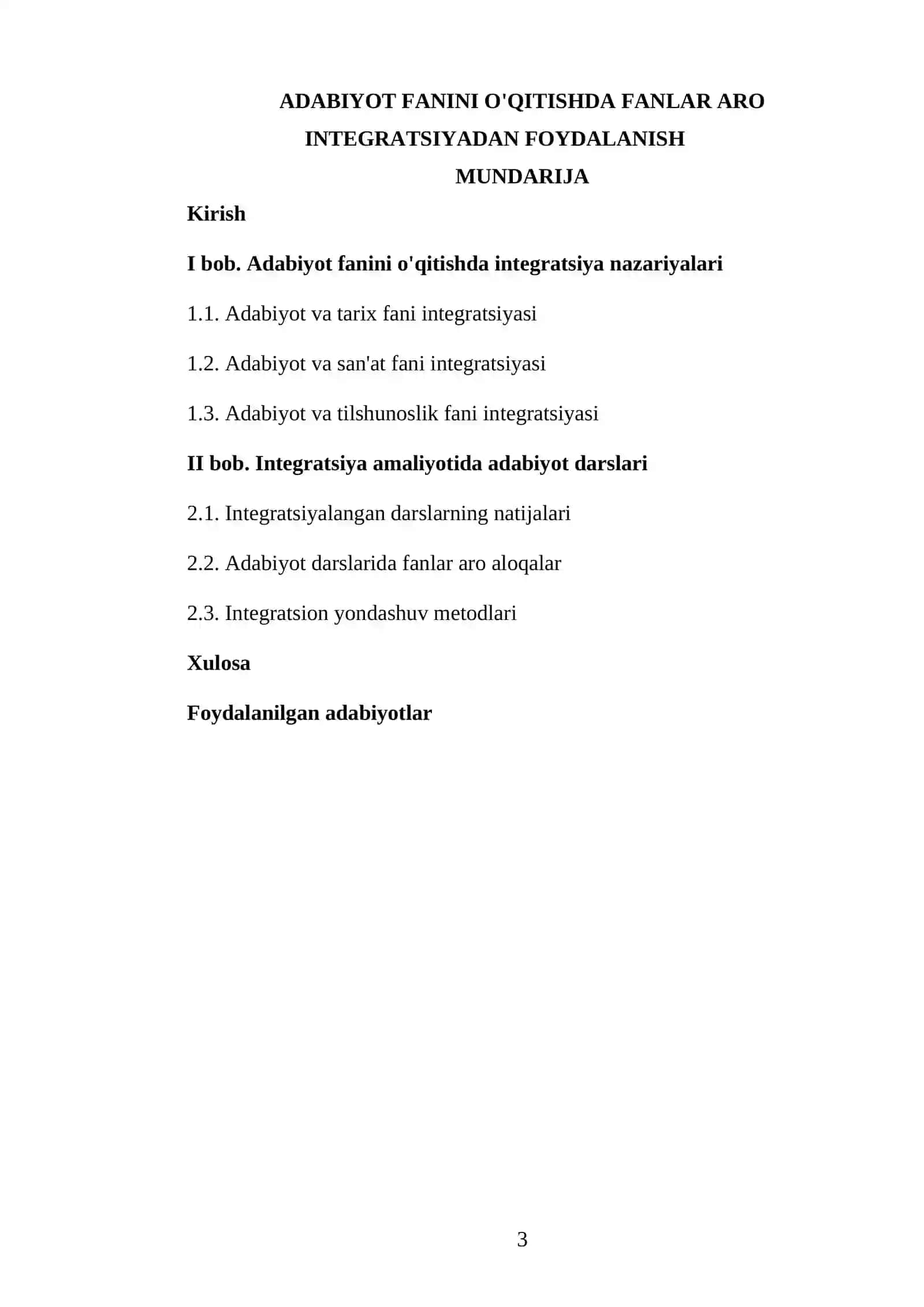 ADABIYOT FANINI O'QITISHDA FANLAR ARO INTEGRATSIYADAN FOYDALANISH - KURS ISHI 3